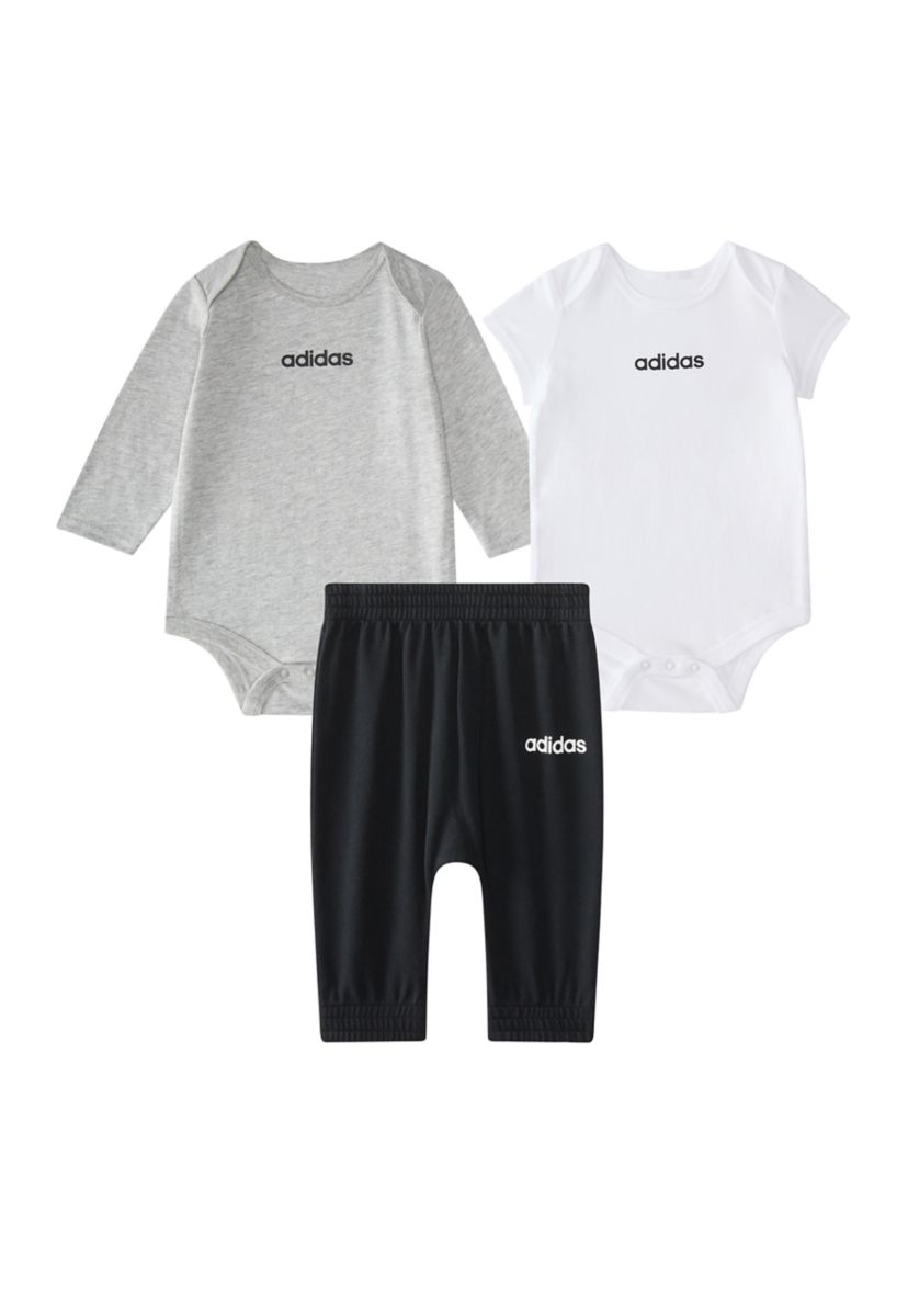 Baby Boys Three Piece Linear Logo Heather Bodysuit & Pants Set