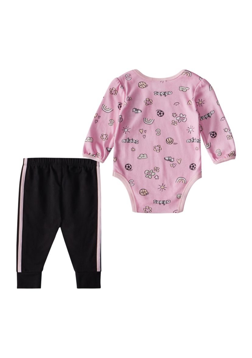 Baby Girls Long Sleeve Allover Print Bodysuit and Joggers Set 
