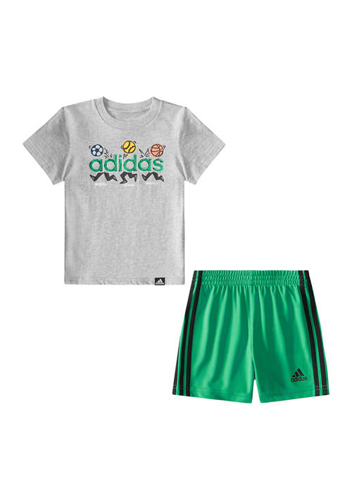 adidas 2-Piece Baby Boys Cotton Graphic T-Shirt and Shorts Set (Gray w/Green)