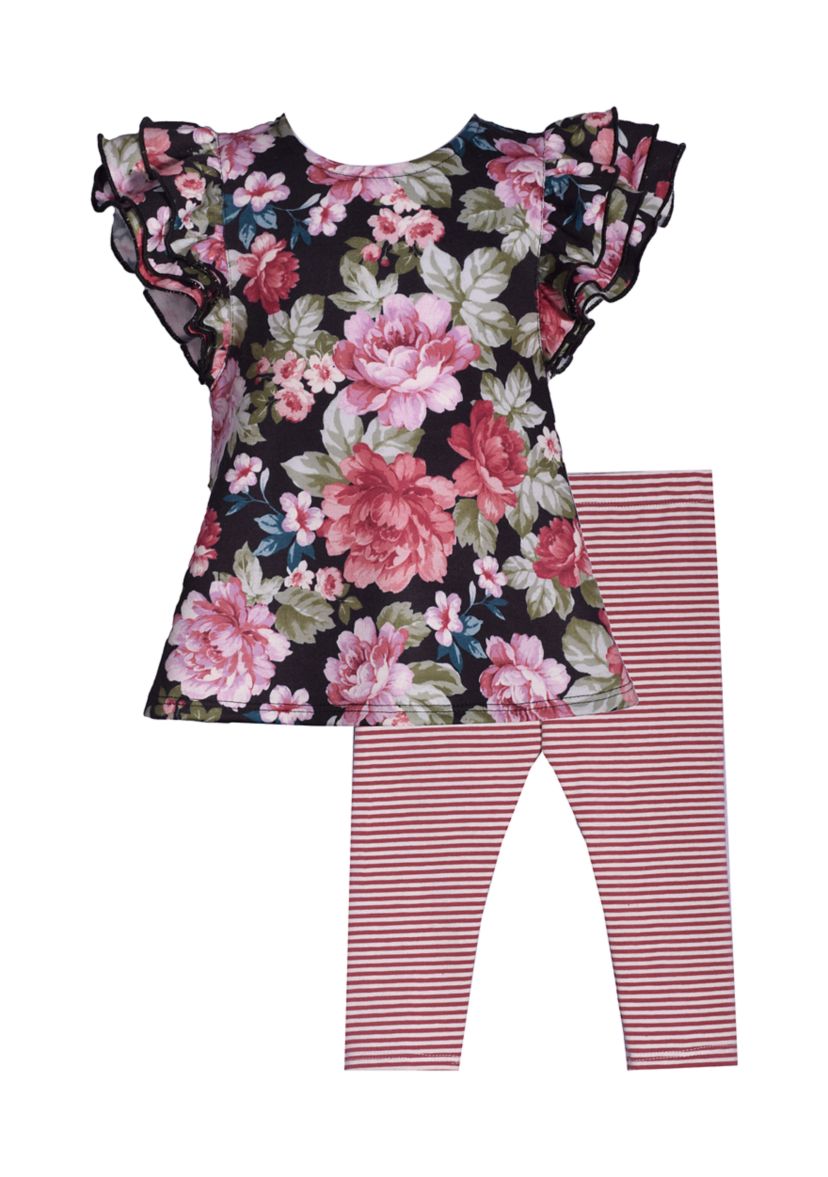 Girls 4-6x Floral Top and Stripe Knit Leggings Set