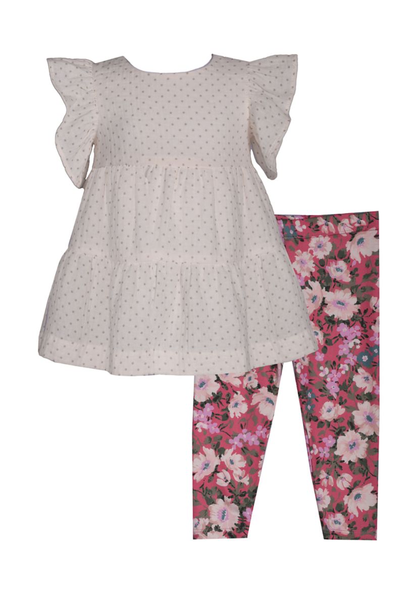Girls 4-6x Tiered Metallic Dot Gauze Top and Floral Leggings Set