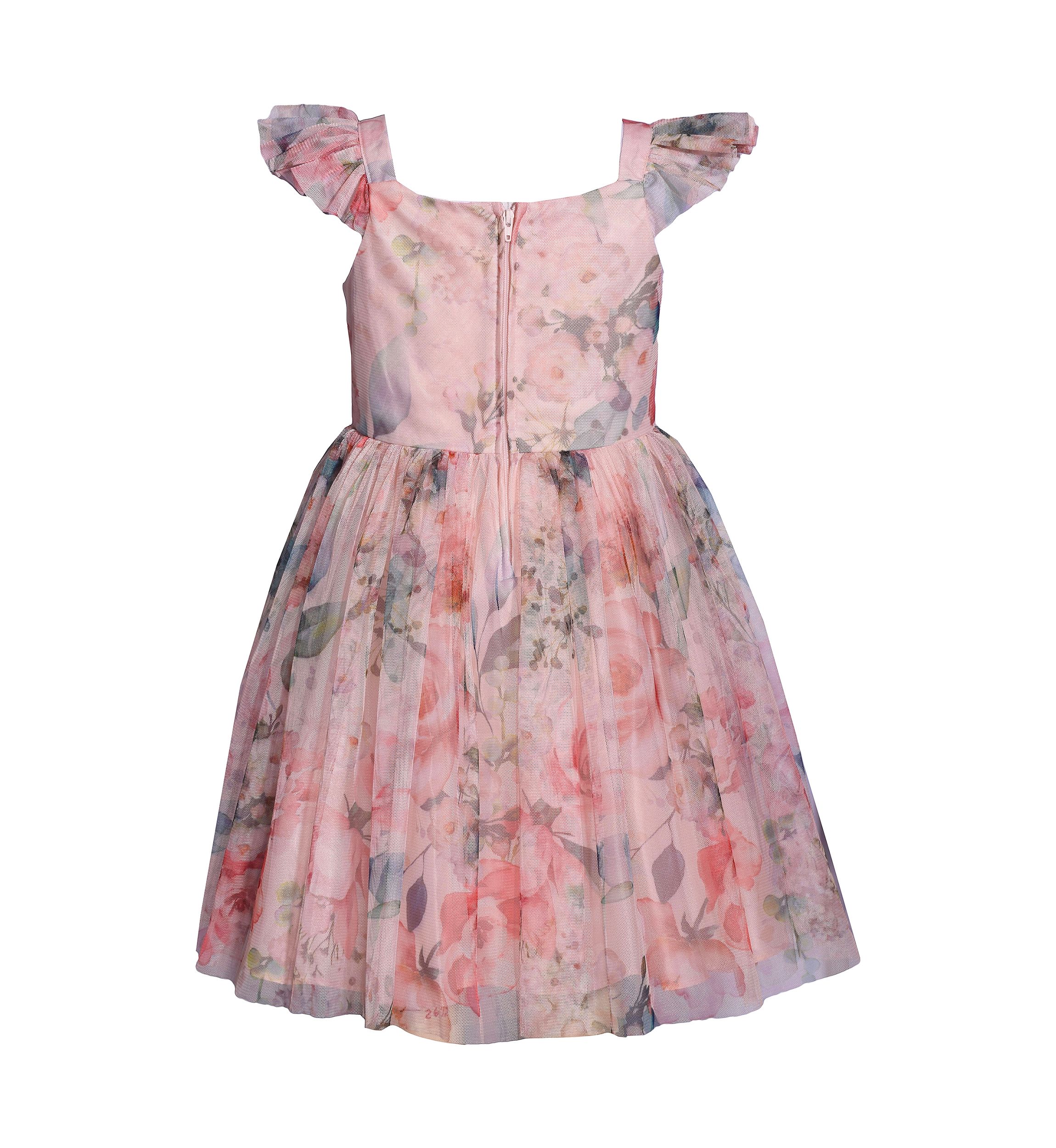 Girls 4-6x Ruched Self Flower Printed Mesh Dress