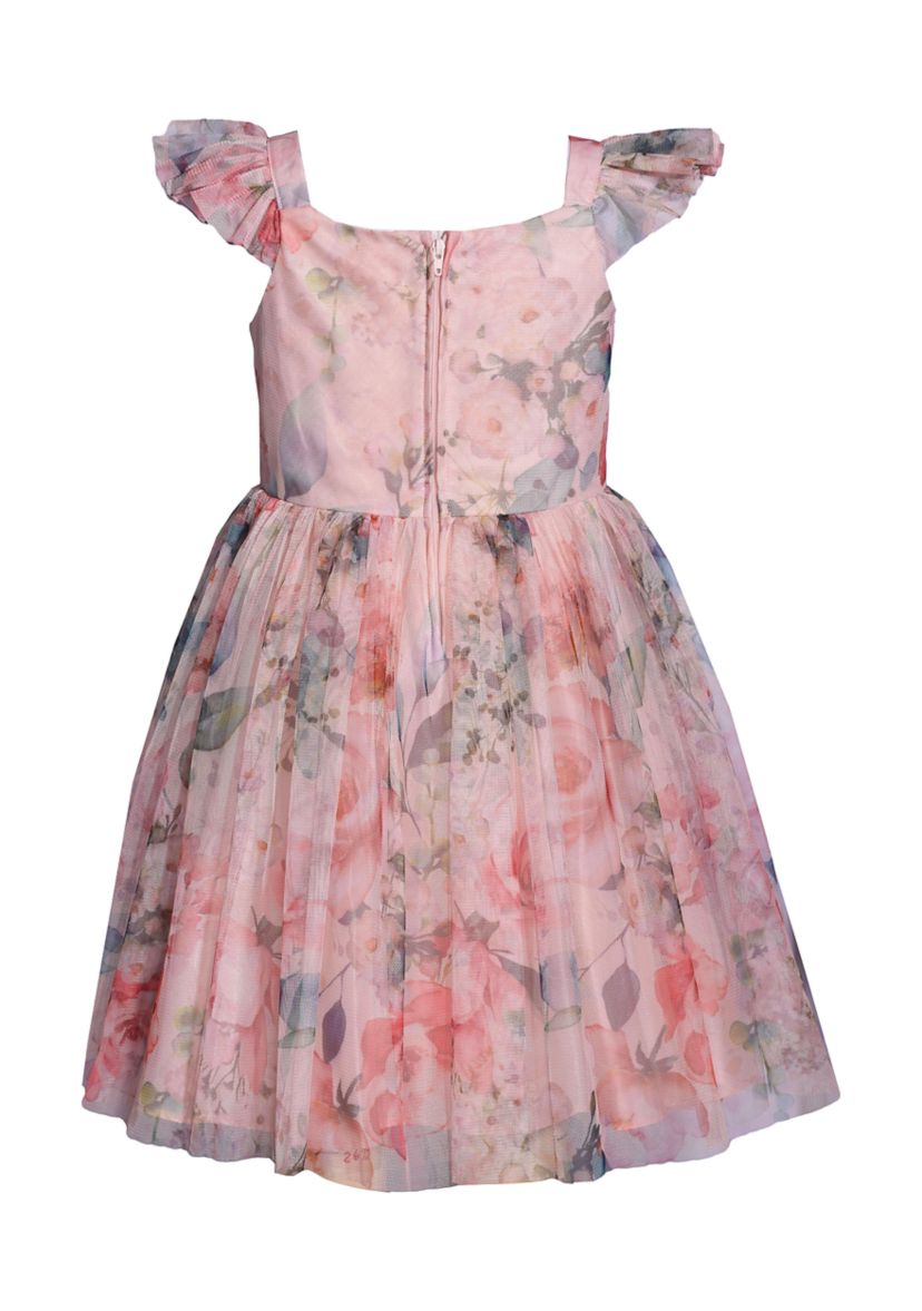 Girls 4-6x Ruched Self Flower Printed Mesh Dress