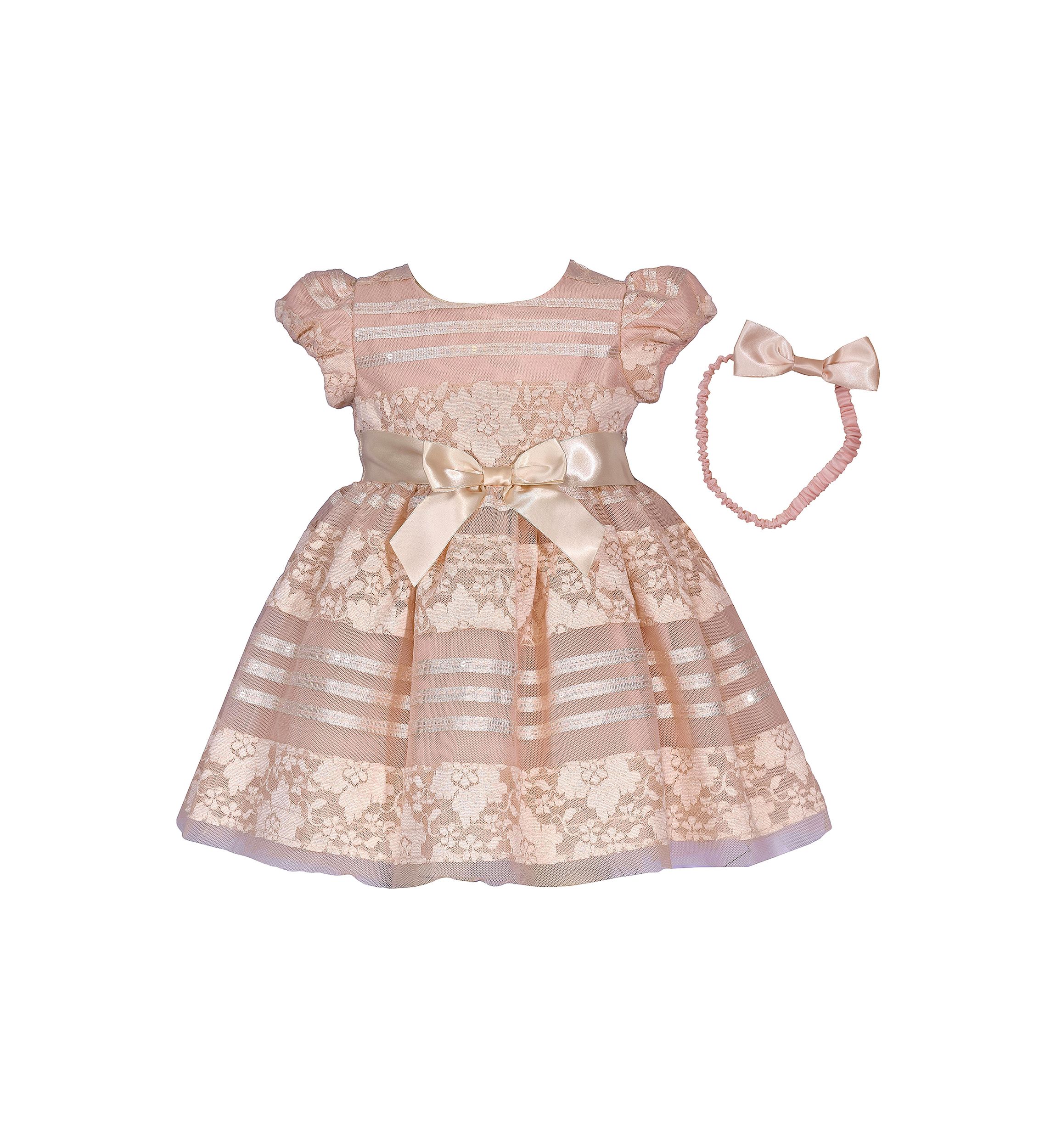 Girls 4-6x Lace Stripe Party Dress with Headband