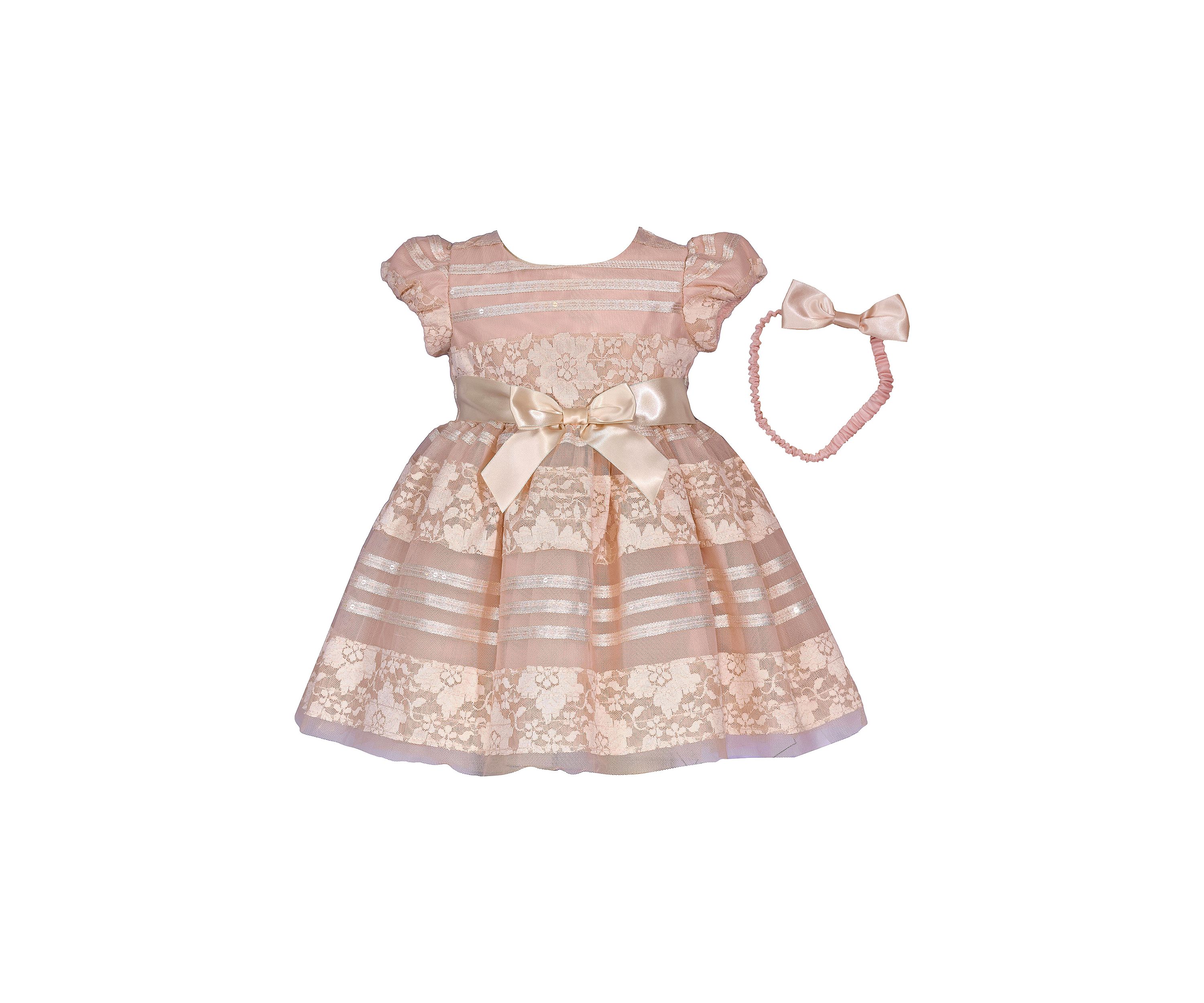 Girls 4-6x Lace Stripe Party Dress with Headband