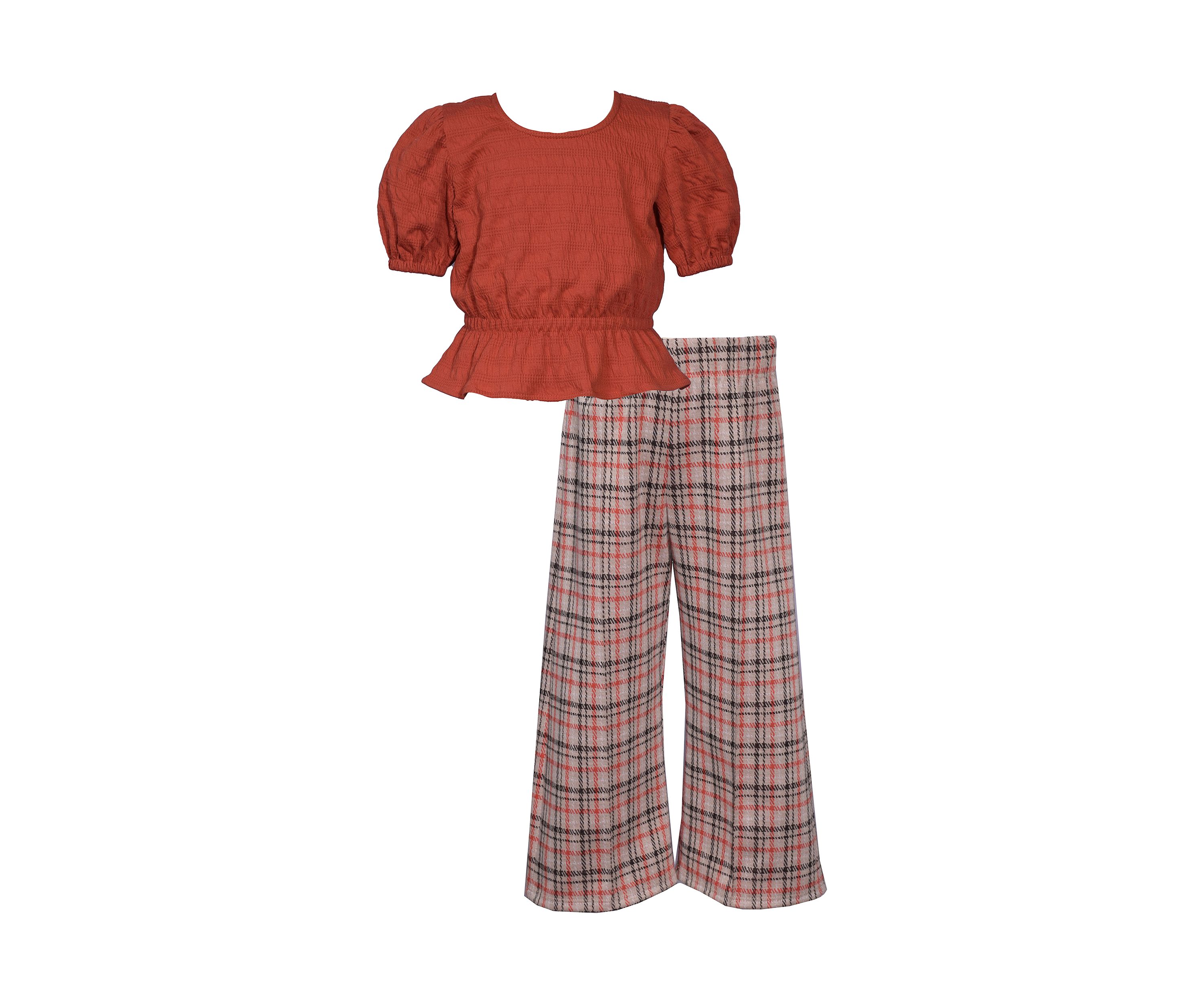 Girls 4-6x Puff Sleeve Top and Plaid Printed Pants Set