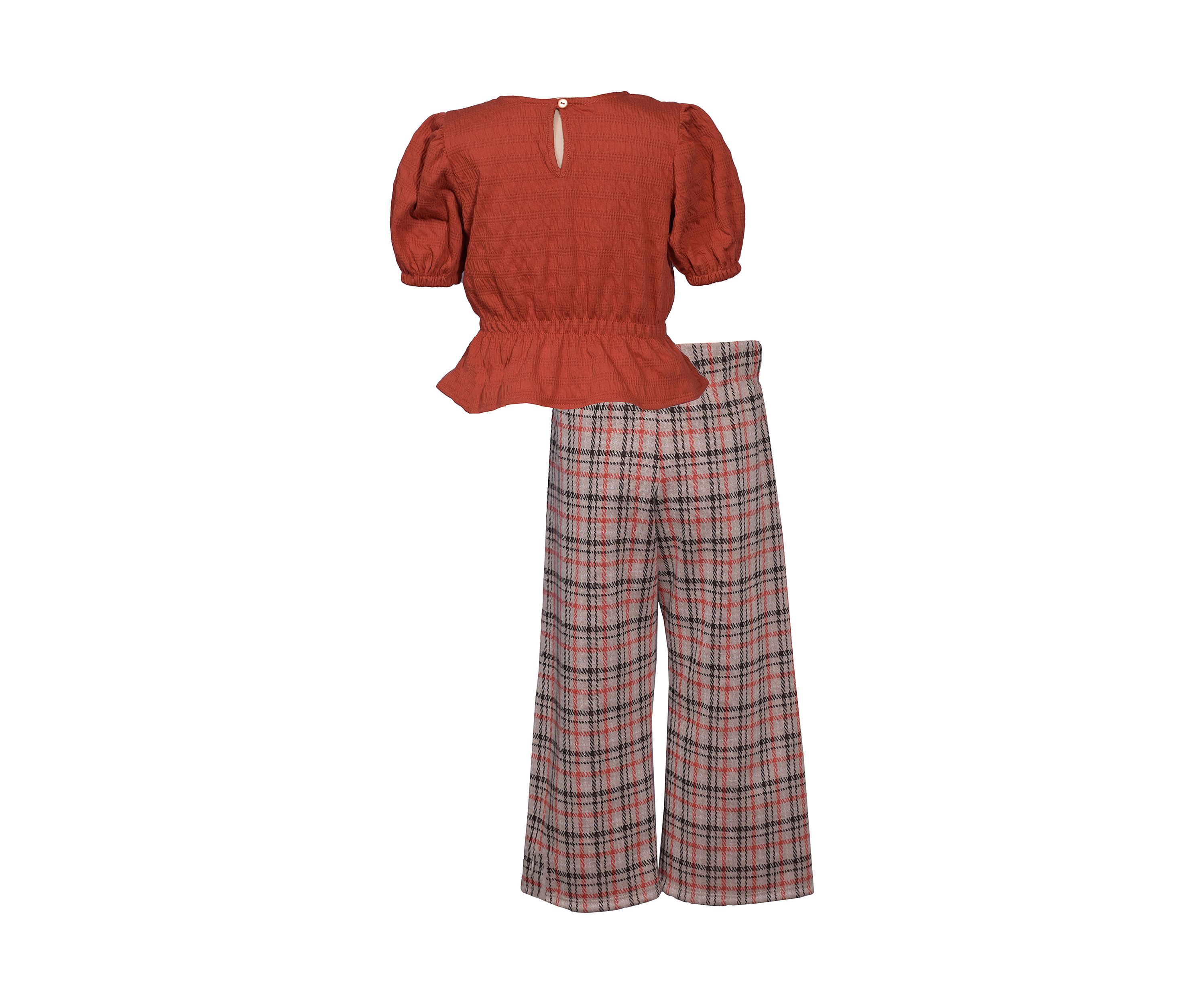 Girls 4-6x Puff Sleeve Top and Plaid Printed Pants Set
