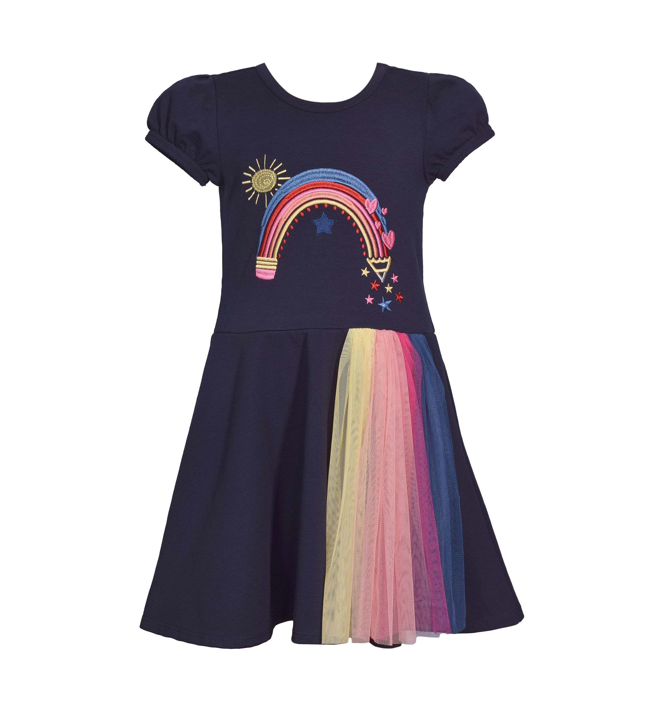 Girls 4-6x Rainbow Graphic Bodice to Color Blocked Skirt Dress