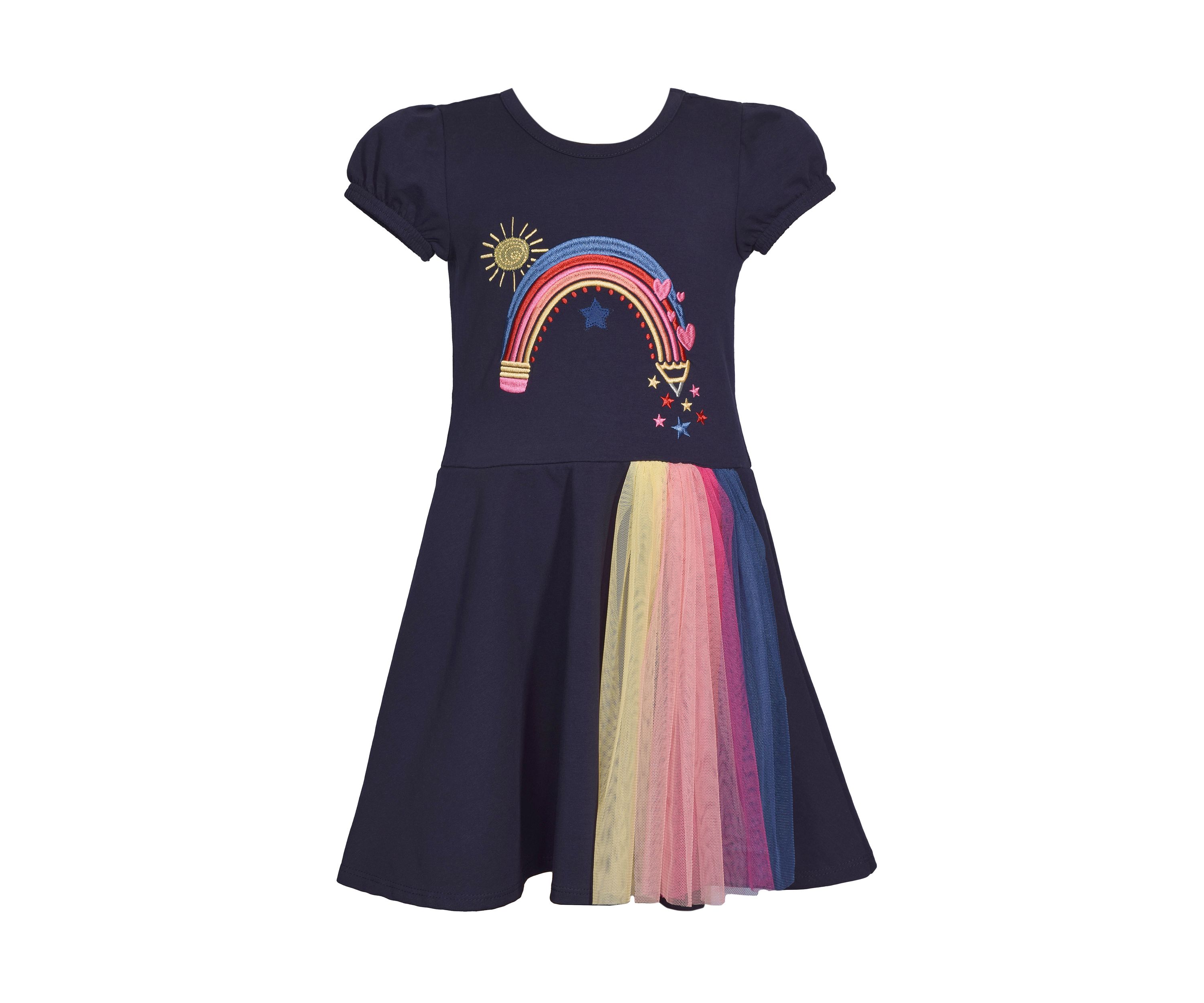Girls 4-6x Rainbow Graphic Bodice to Color Blocked Skirt Dress