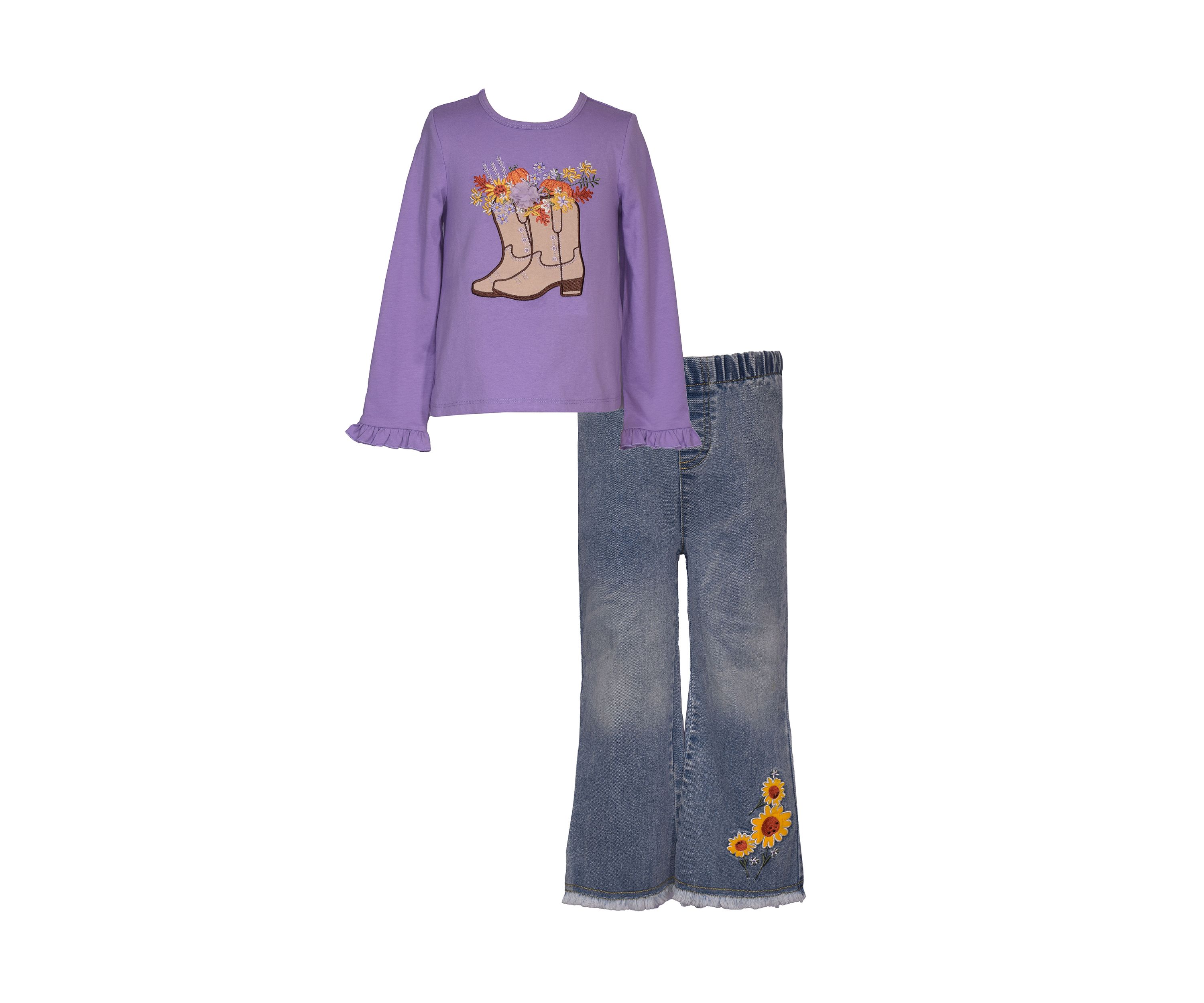 Girls 4-6x Cowboy Boots Graphic Top and Denim Flare Pants Set