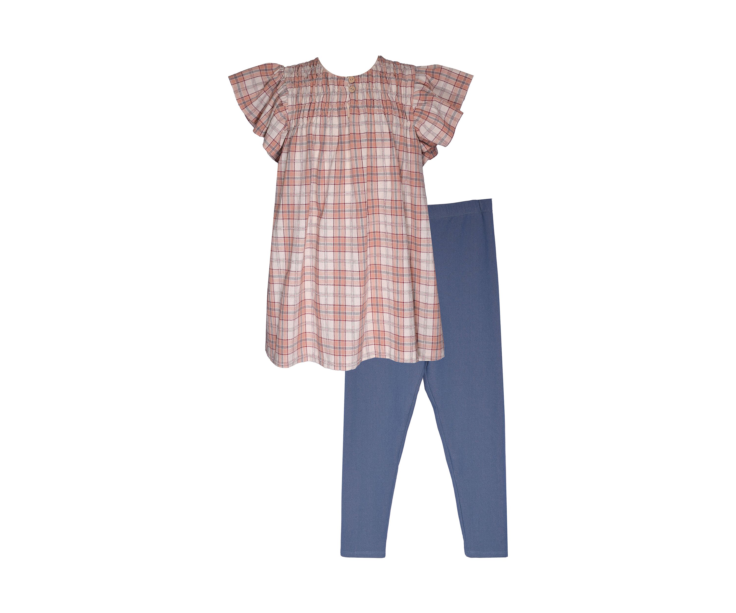 Girls 7-16 Textured Plaid Gauze Top and Knit Denim Leggings