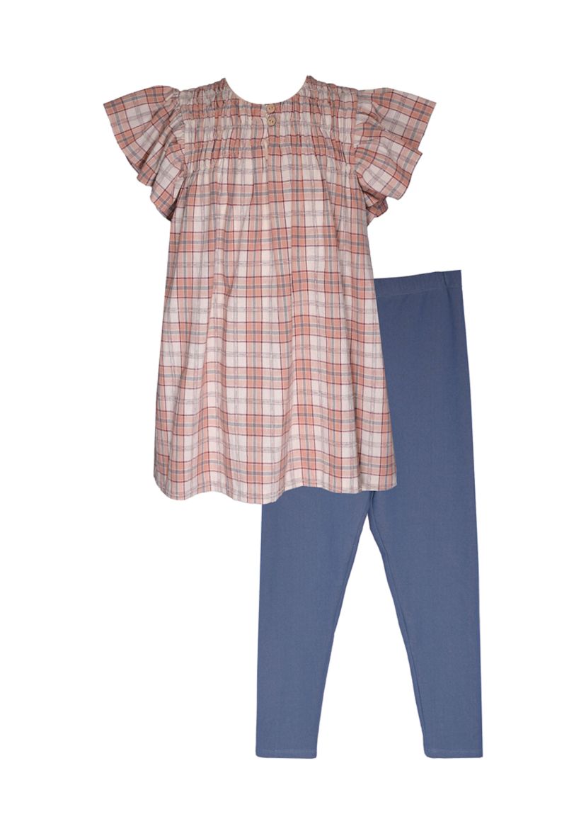 Girls 7-16 Textured Plaid Gauze Top and Knit Denim Leggings