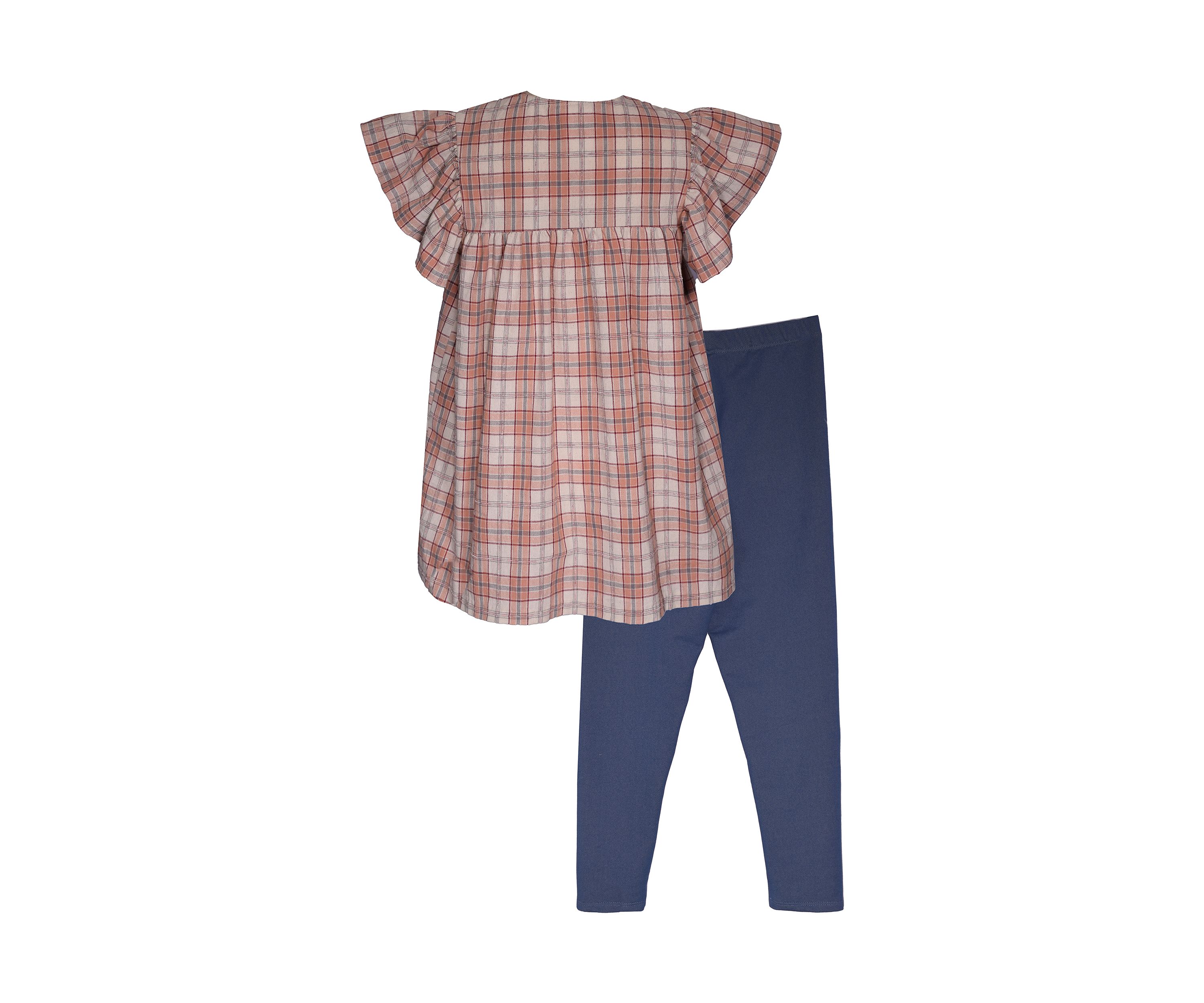 Girls 7-16 Textured Plaid Gauze Top and Knit Denim Leggings