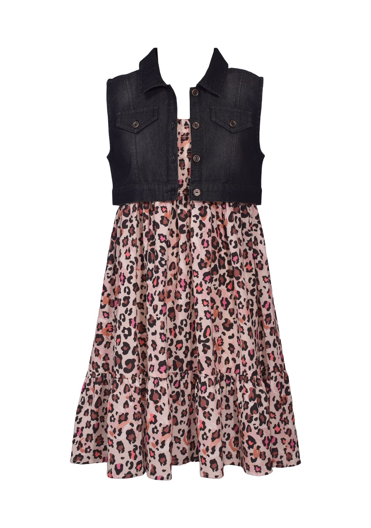 Girls 7-16 Animal Print Dress with Black Denim Vest