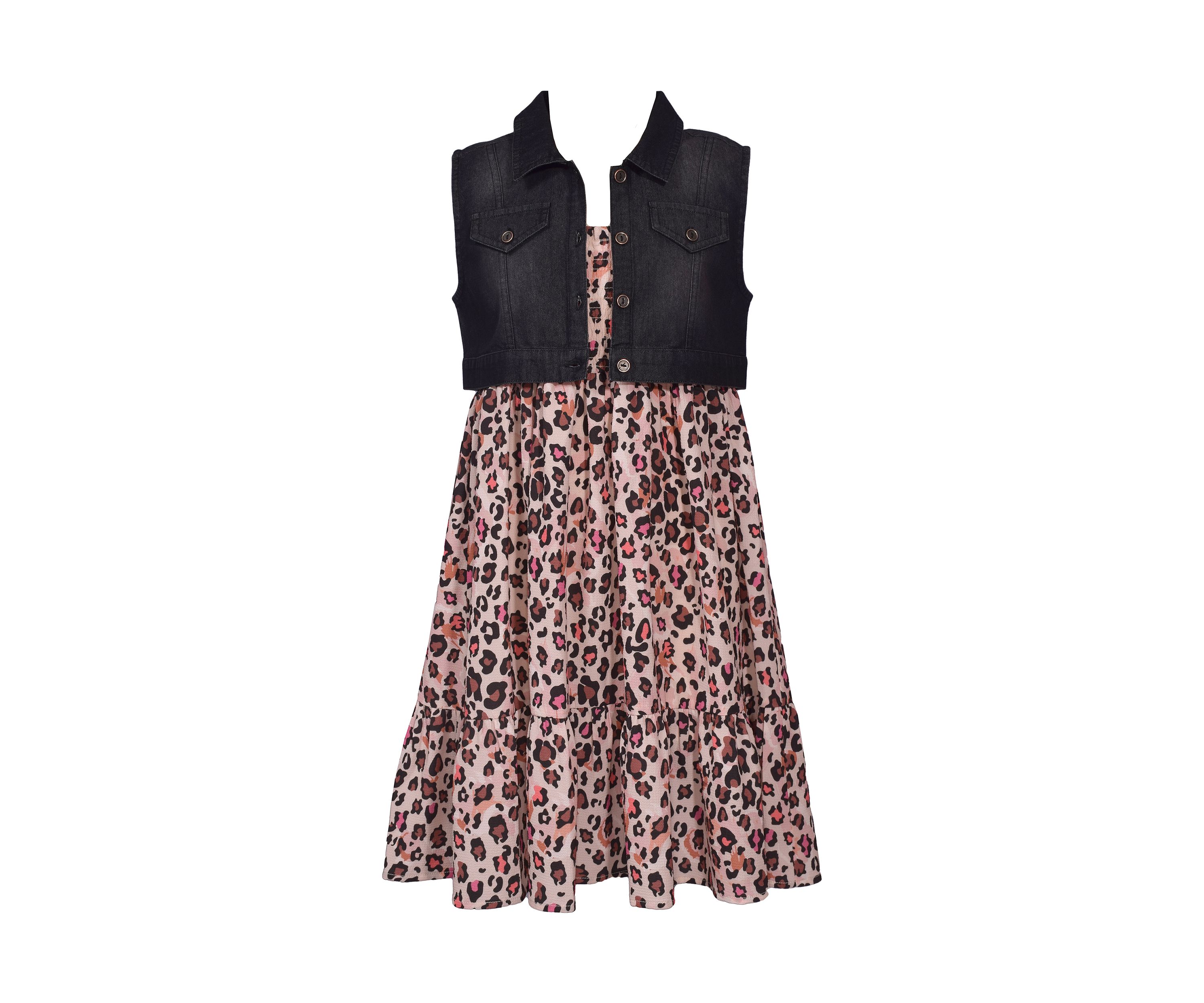 Girls 7-16 Animal Print Dress with Black Denim Vest