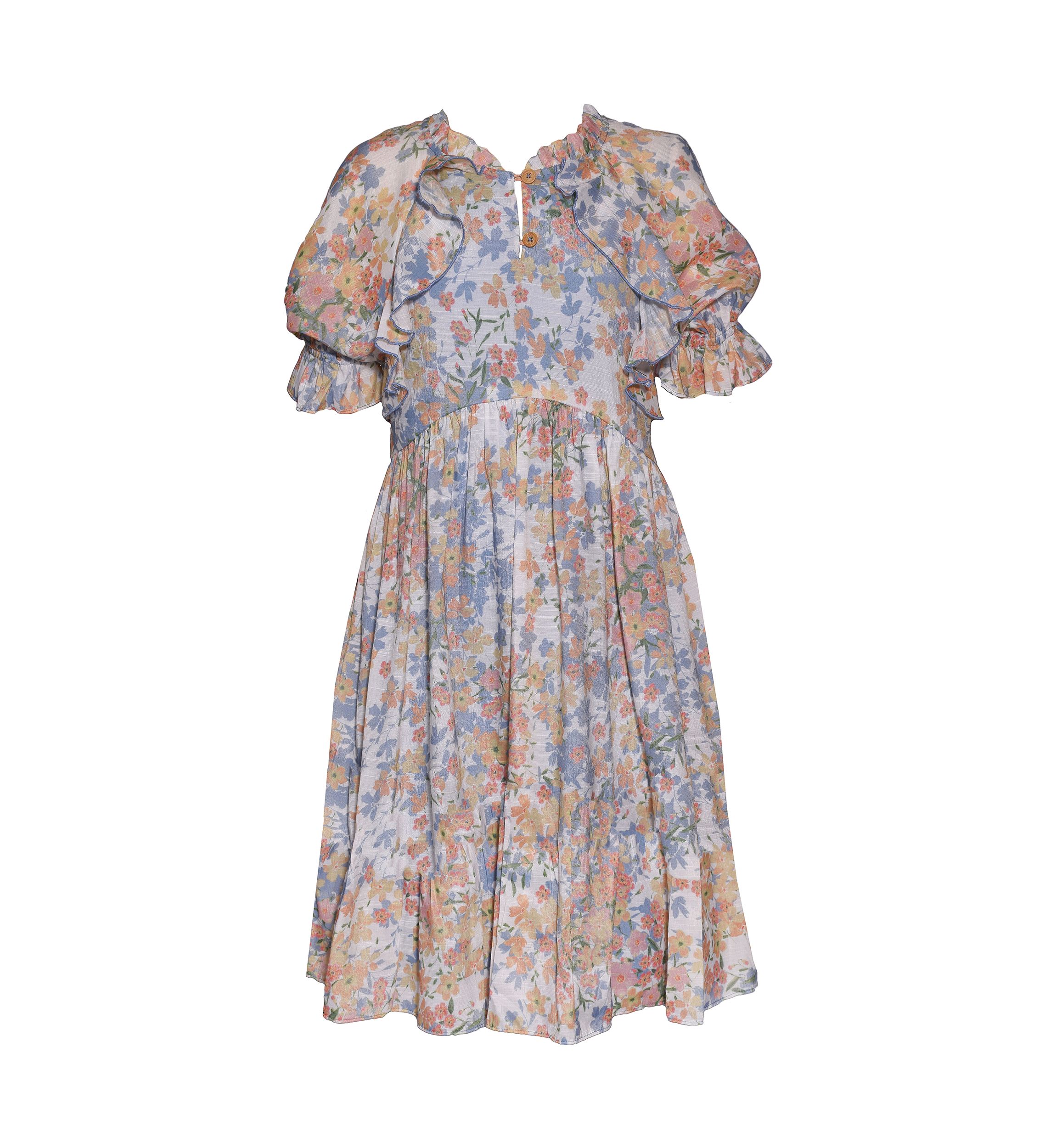 Girls 7-16 Foiled Chiffon Puff Sleeve Dress with Cascade Bodice