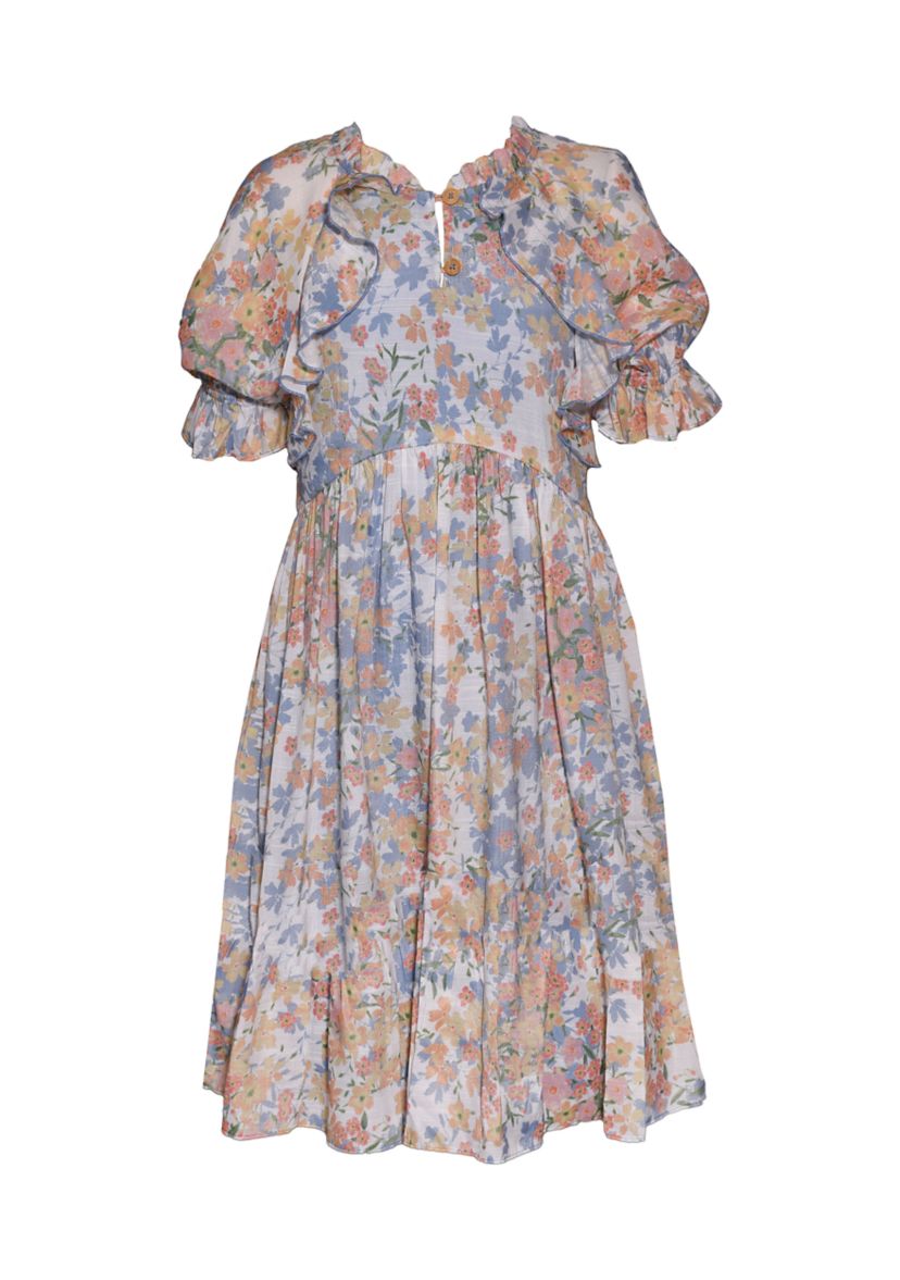 Girls 7-16 Foiled Chiffon Puff Sleeve Dress with Cascade Bodice