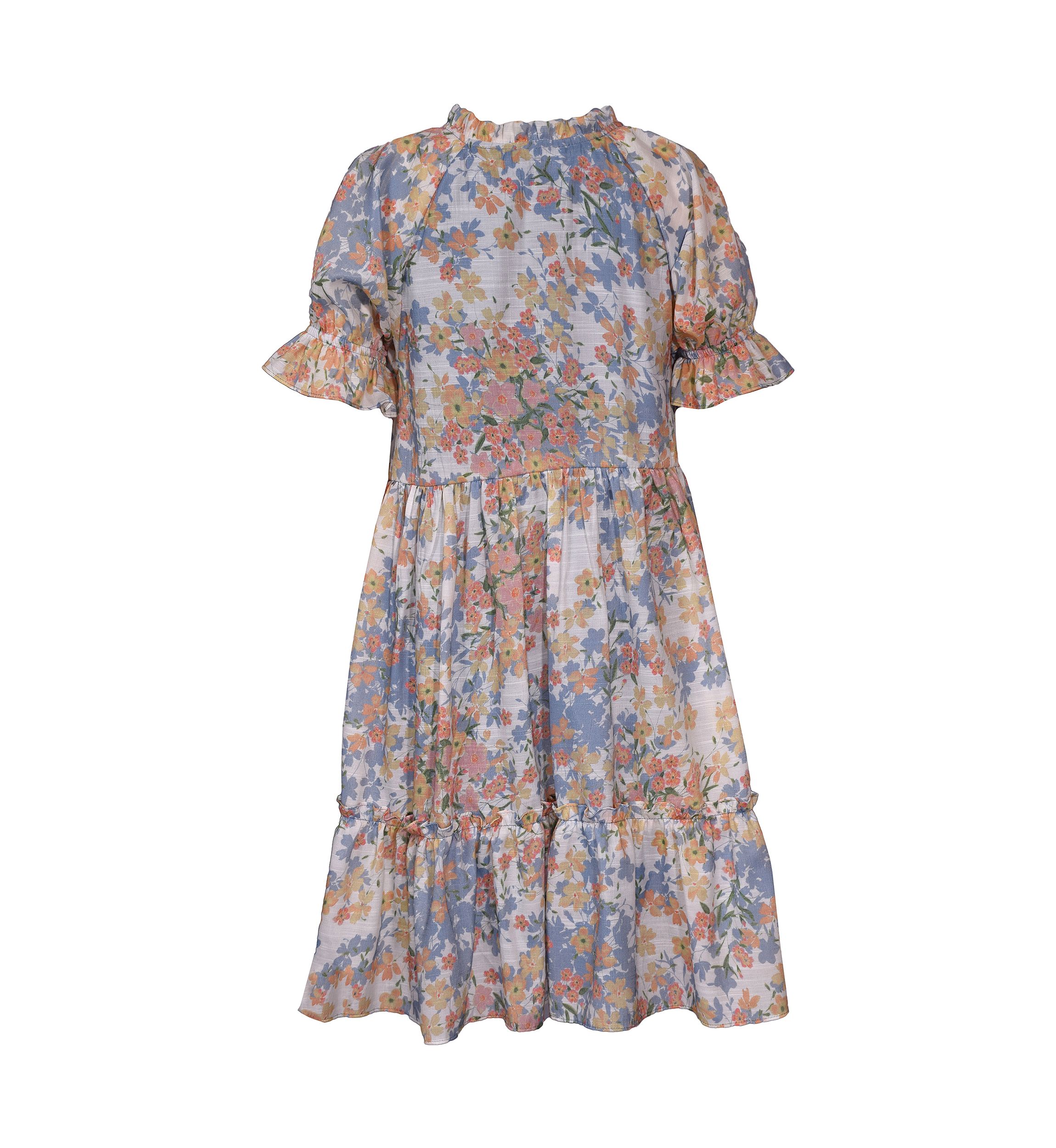 Girls 7-16 Foiled Chiffon Puff Sleeve Dress with Cascade Bodice