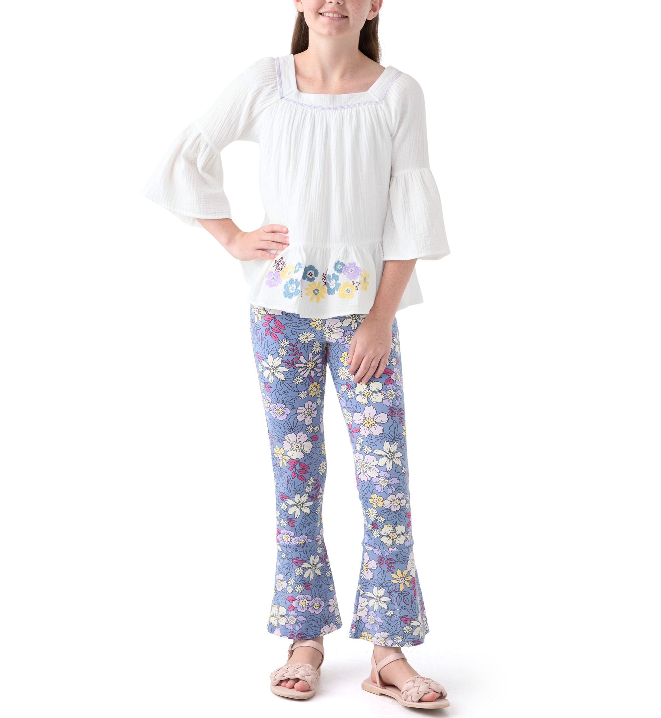 Girls 7-16 Knit Top and Printed Flare Pants Set