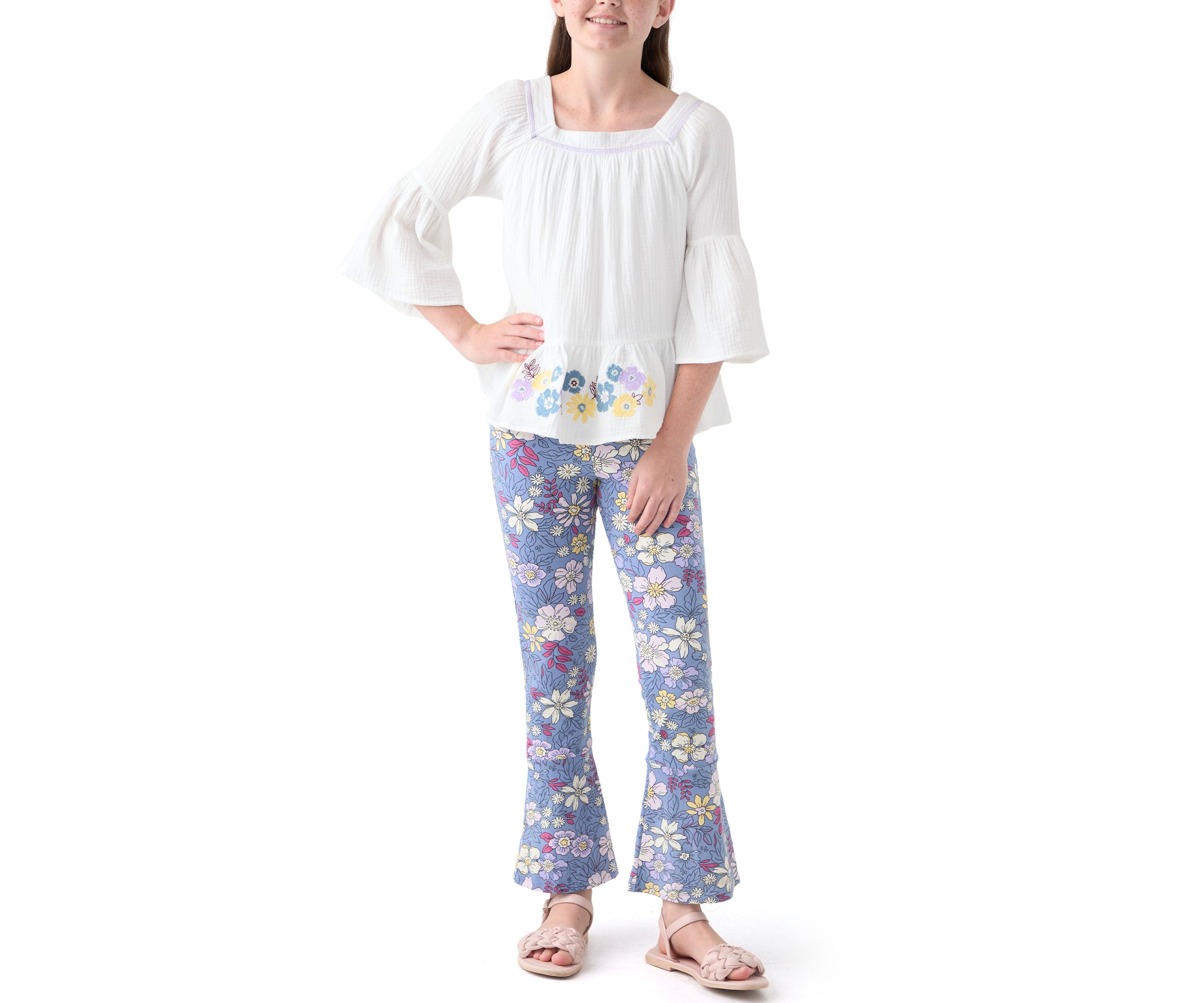 Girls 7-16 Knit Top and Printed Flare Pants Set