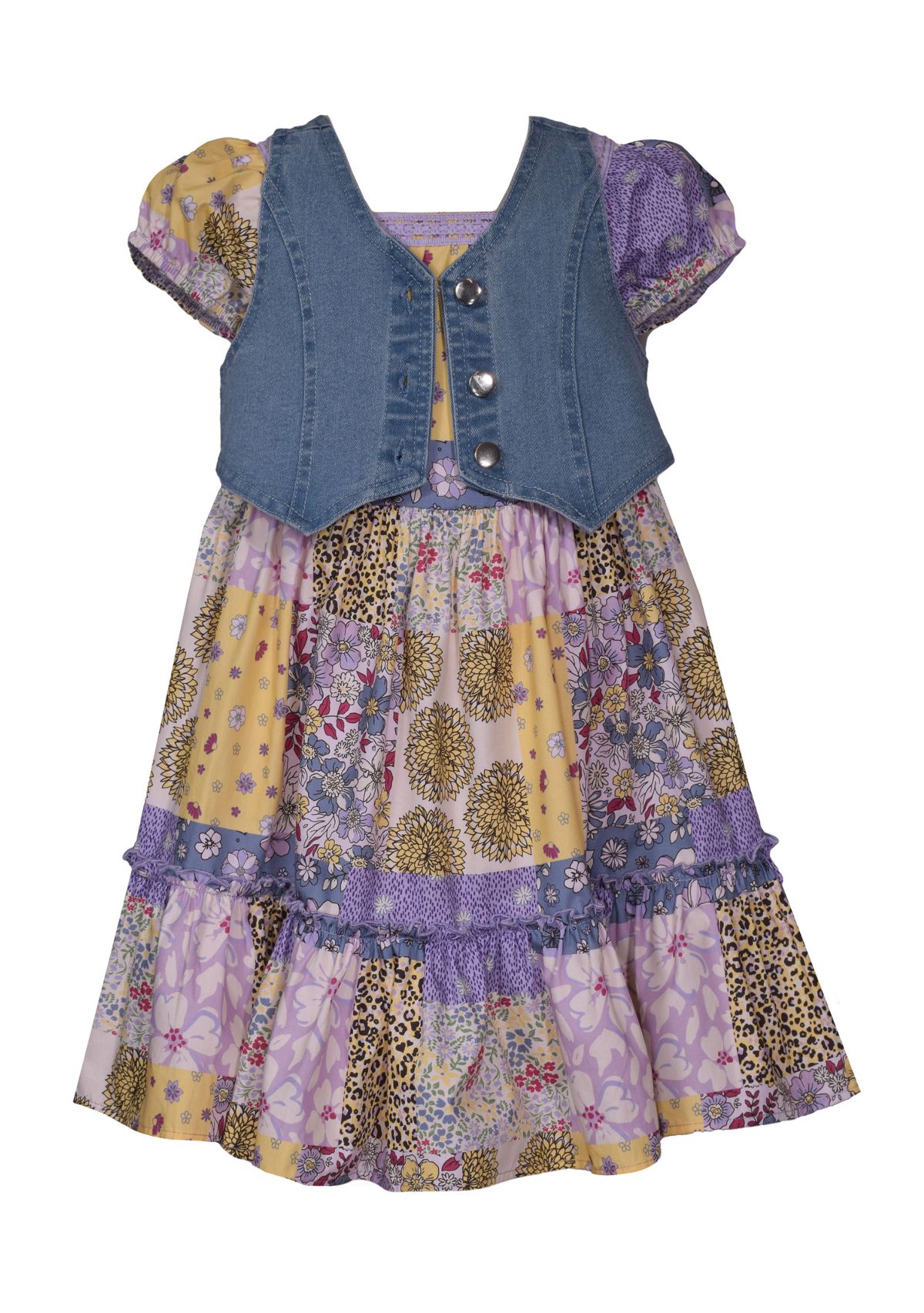 Girls 7-16 Denim Vest and Printed Dress Set