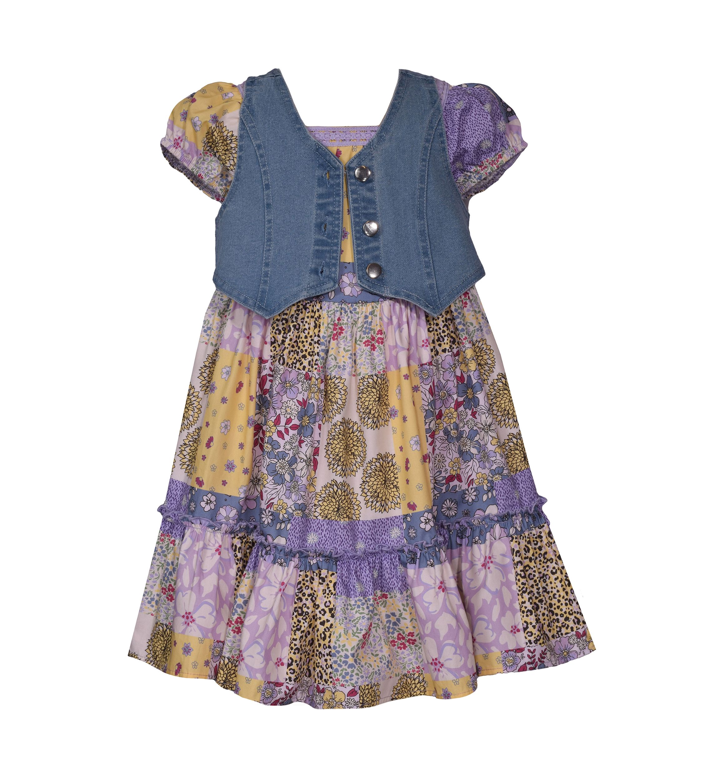 Girls 7-16 Denim Vest and Printed Dress Set