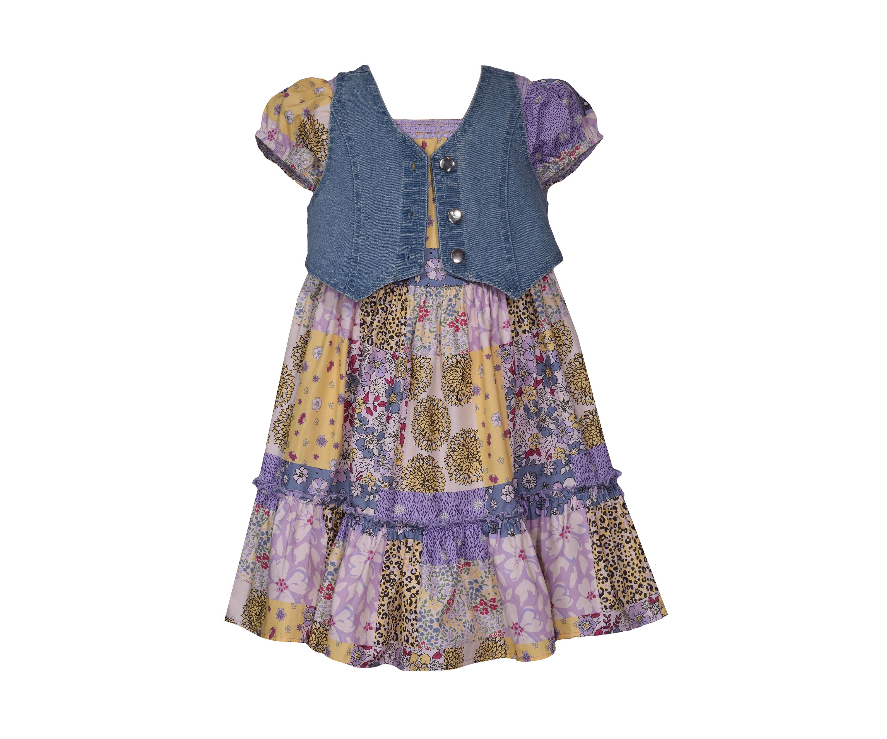 Girls 7-16 Denim Vest and Printed Dress Set
