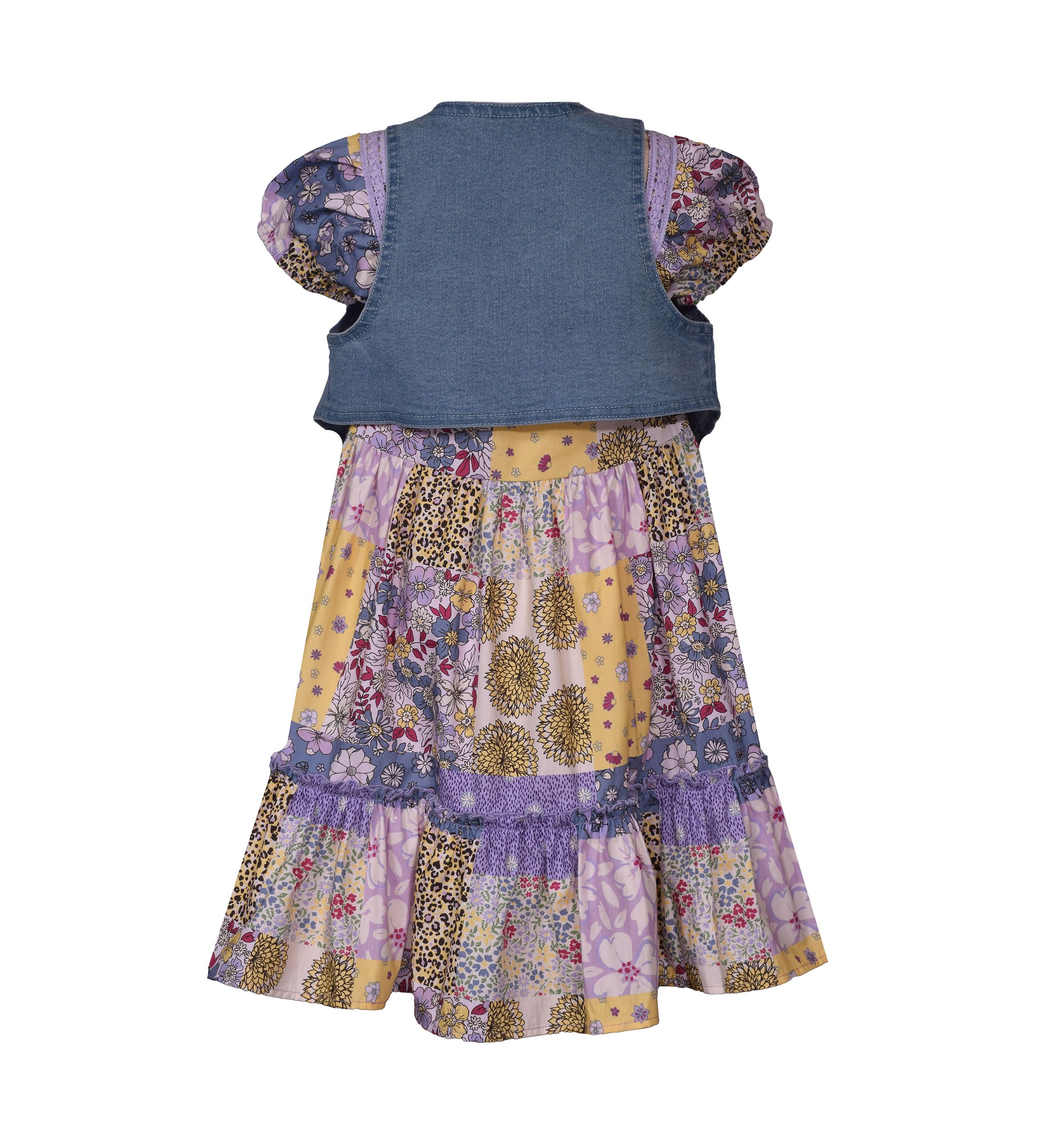 Girls 7-16 Denim Vest and Printed Dress Set