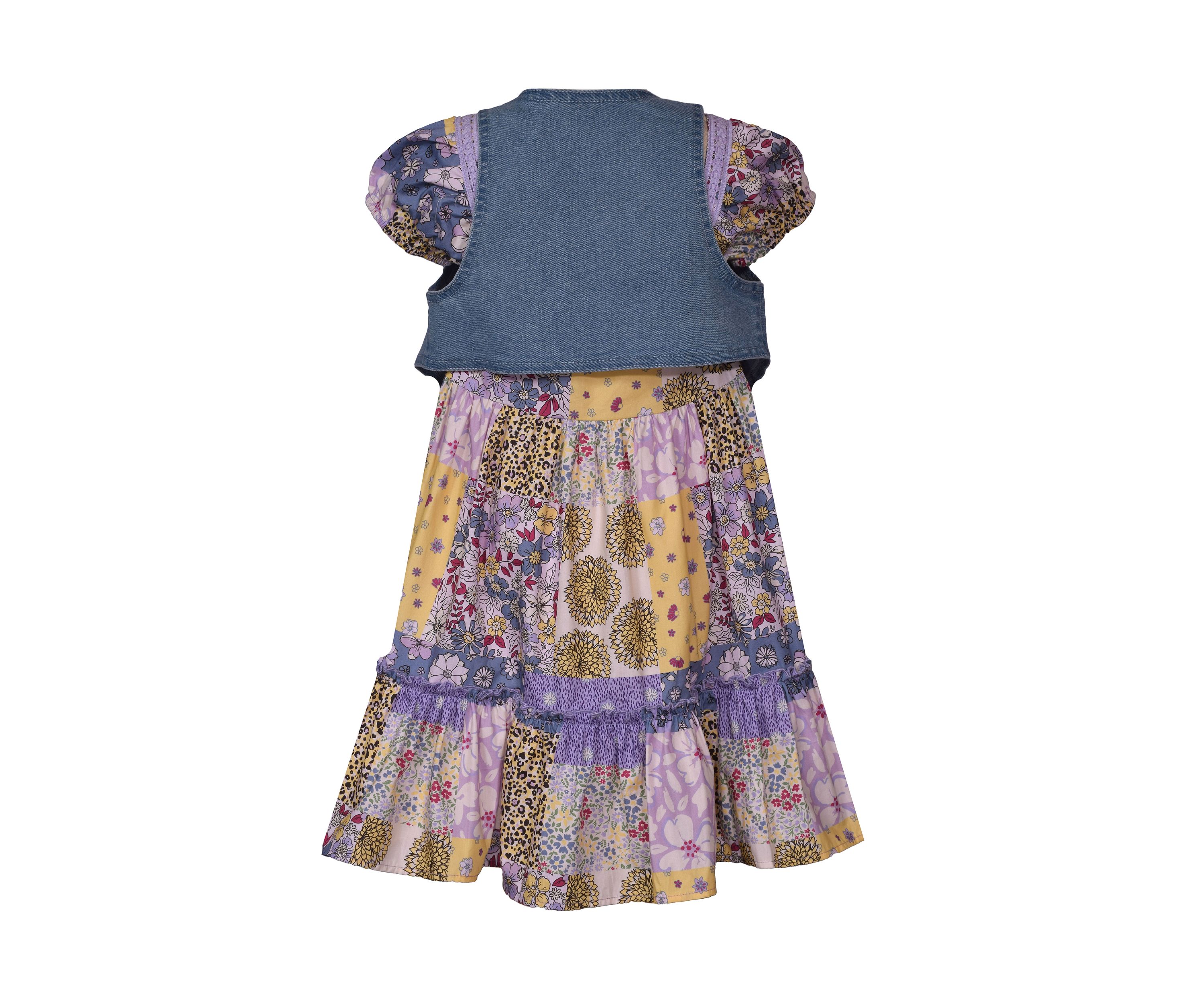 Girls 7-16 Denim Vest and Printed Dress Set
