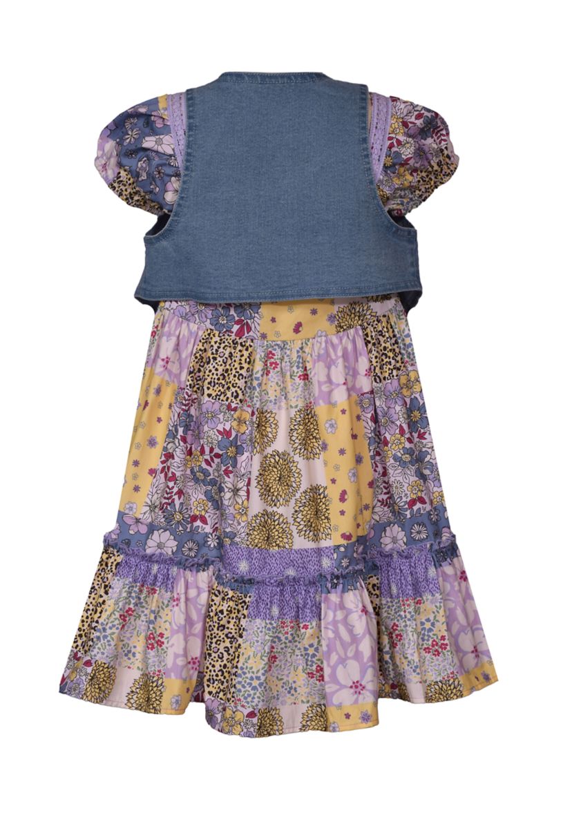 Girls 7-16 Denim Vest and Printed Dress Set