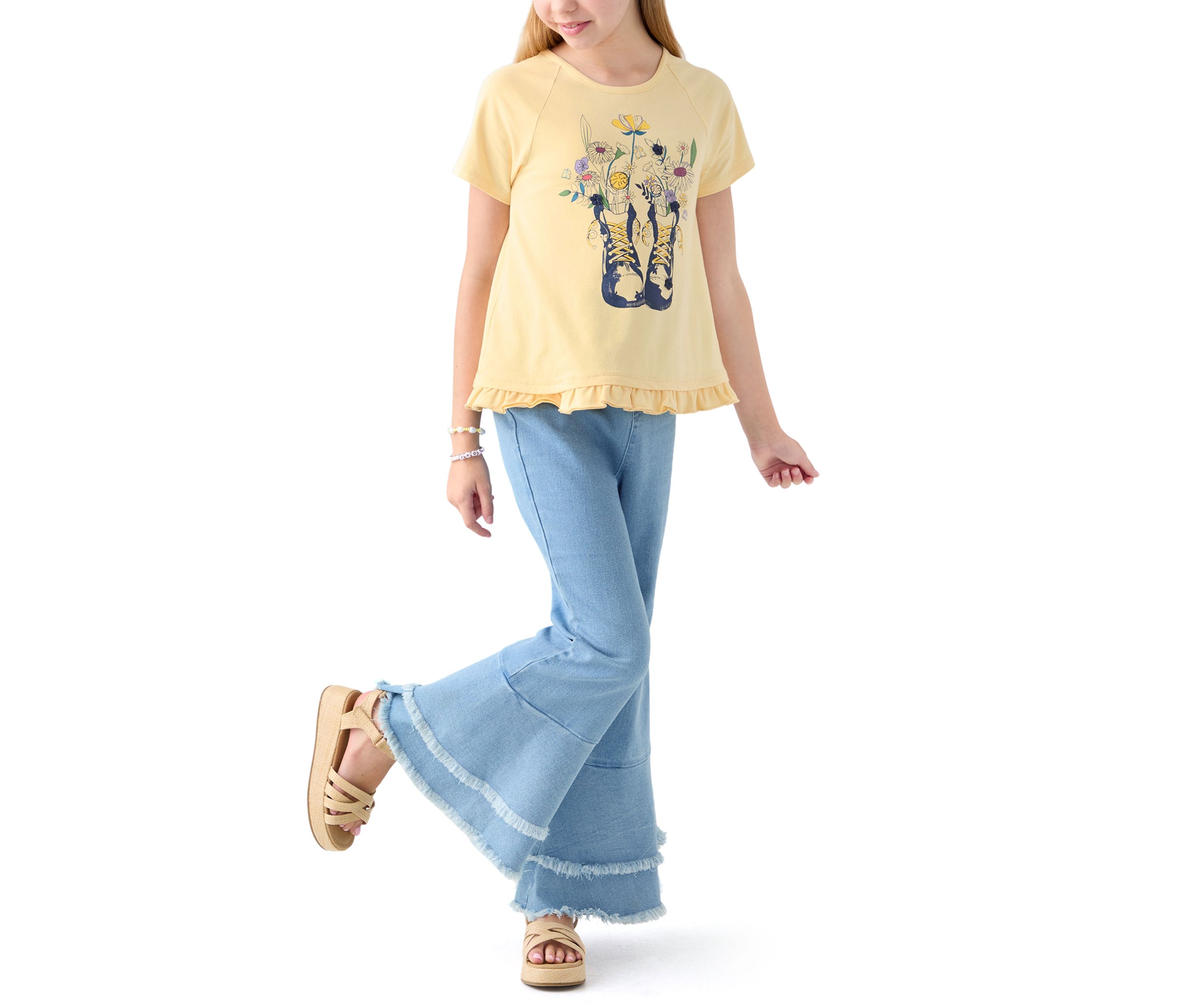Girls 7-16 Graphic T-Shirt and Ruffle Flare Jeans Set
