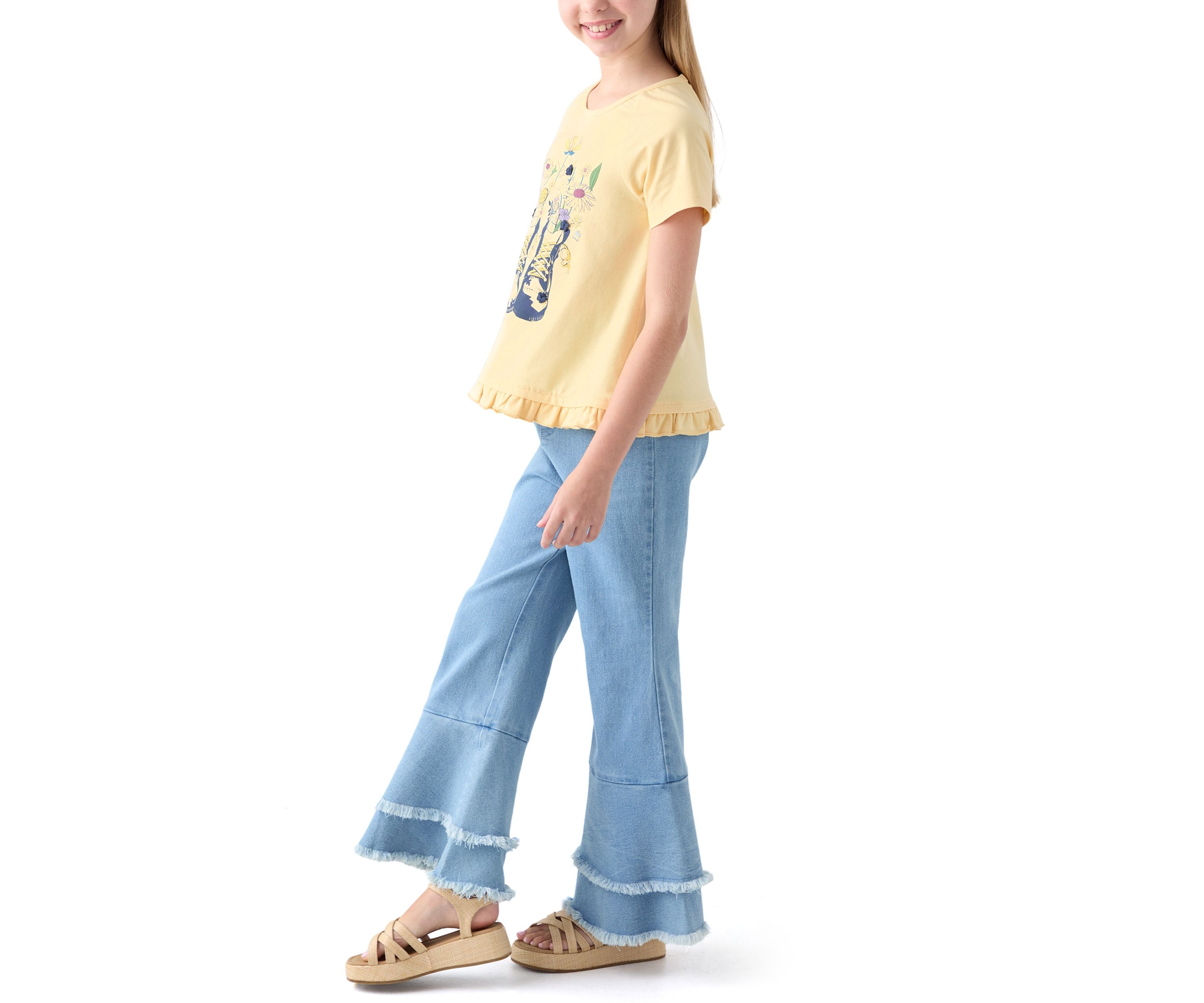 Girls 7-16 Graphic T-Shirt and Ruffle Flare Jeans Set