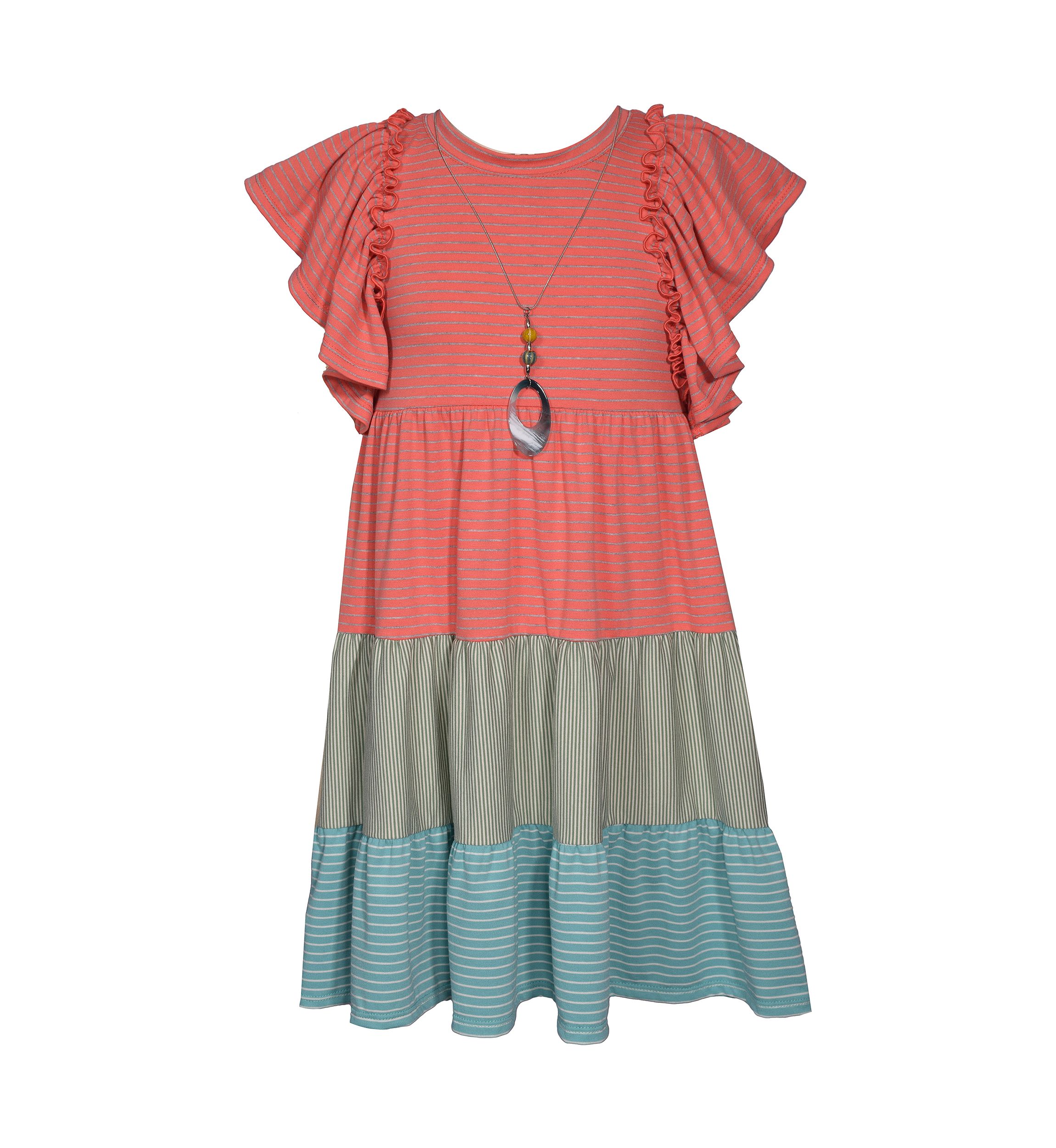 Girls 7-16 Striped Tiered Knit Dress with Necklace
