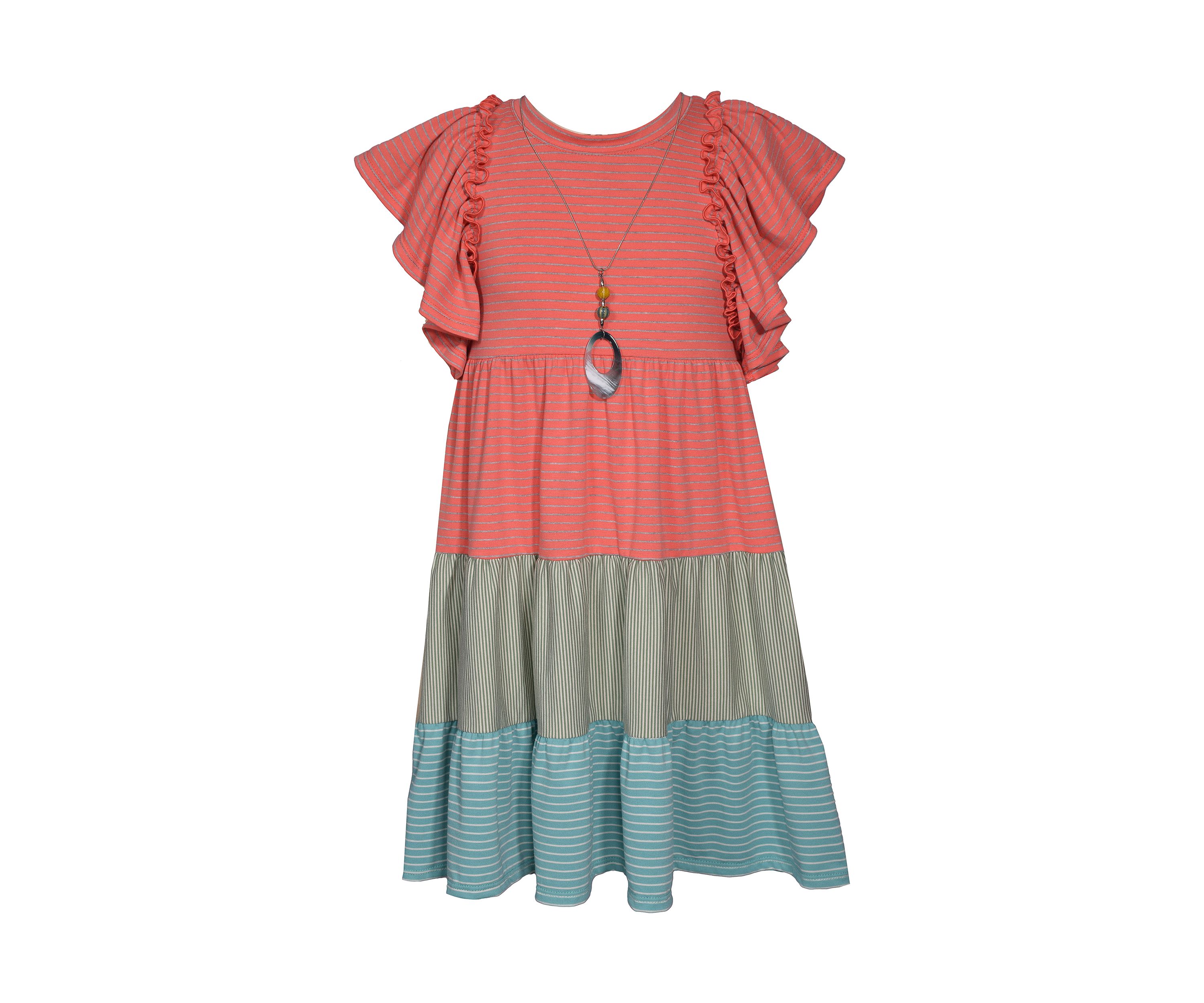 Girls 7-16 Striped Tiered Knit Dress with Necklace