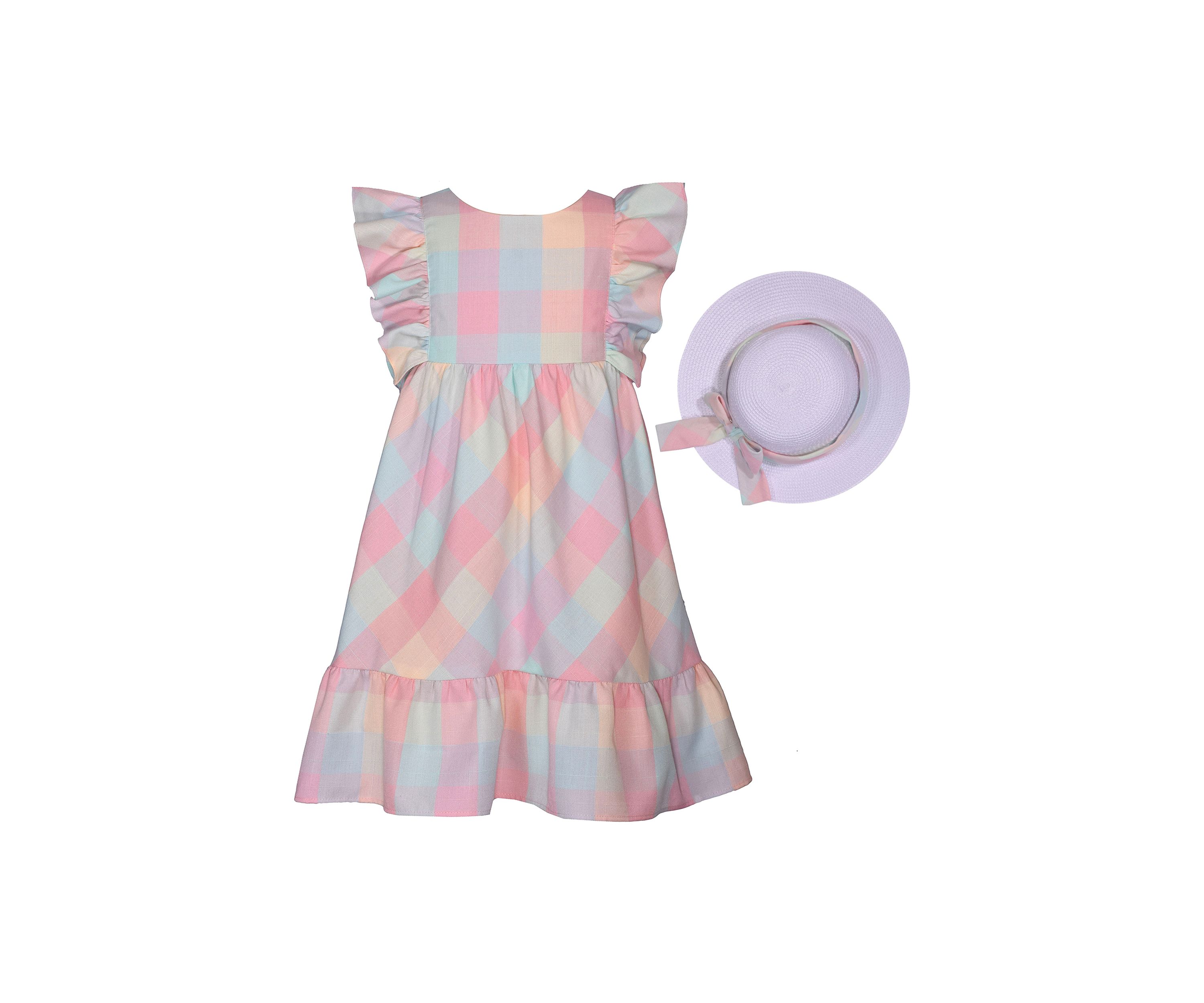 Girls 4-6x Flutter Sleeve Plaid Dress with Hat