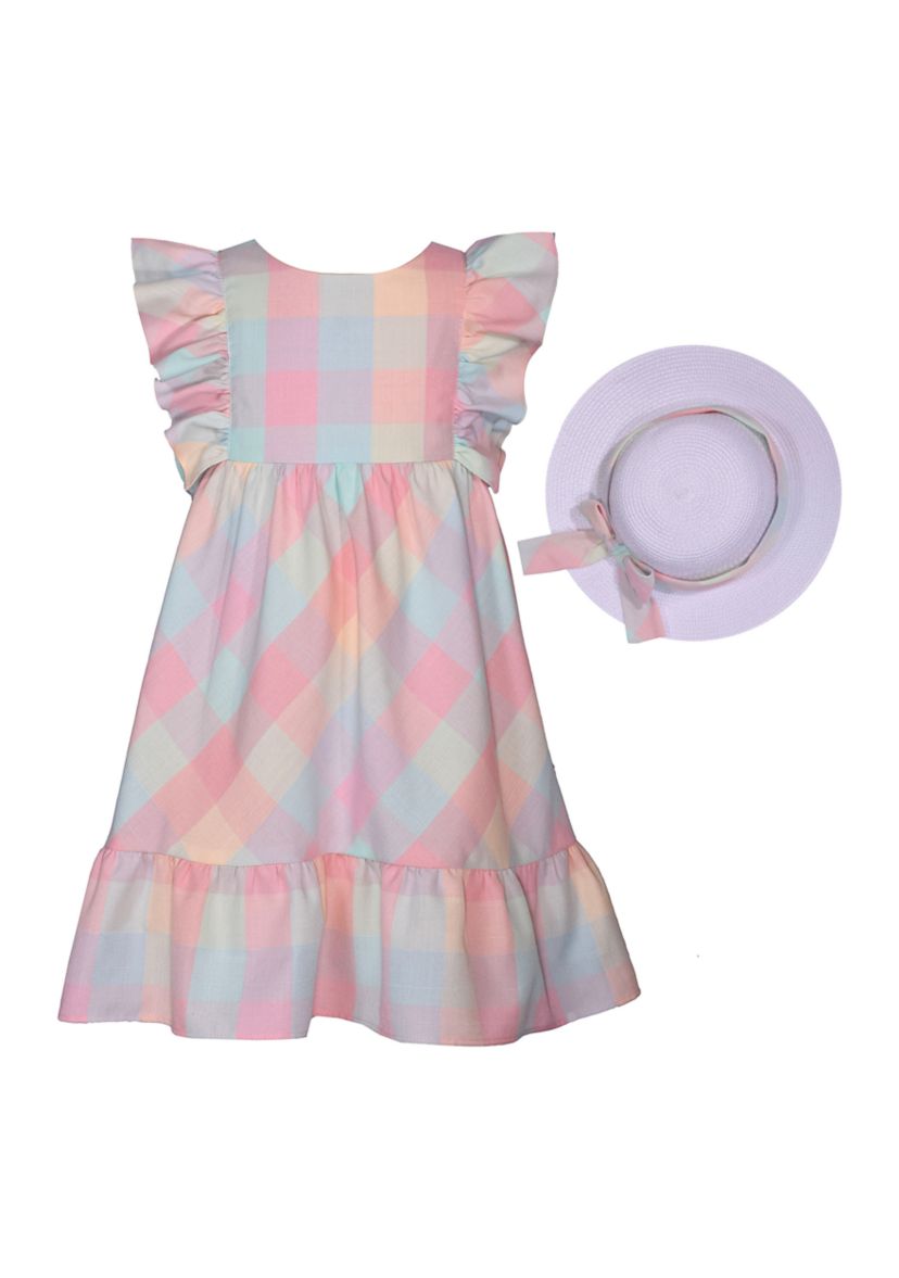Girls 4-6x Flutter Sleeve Plaid Dress with Hat
