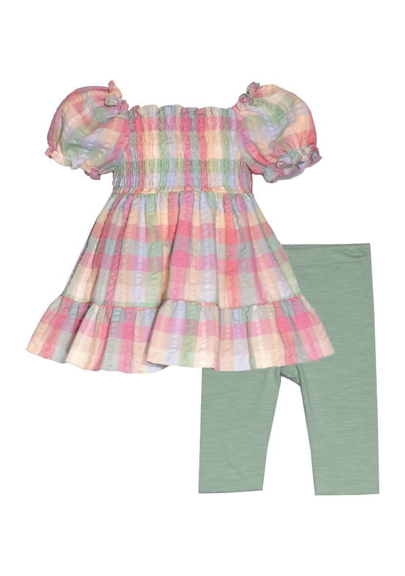 Girls 4-6x Smocked Bodice Seersucker Top and Leggings Set