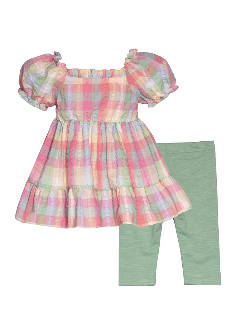 Girls 4-6x Smocked Bodice Seersucker Top and Leggings Set