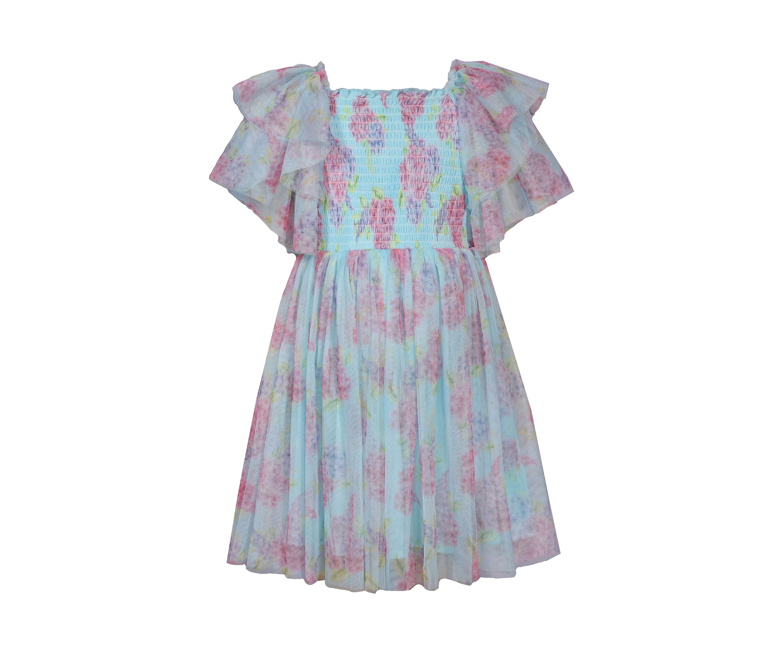 Girls 4-6x Mesh Flutter Sleeve Printed Smocked Dress