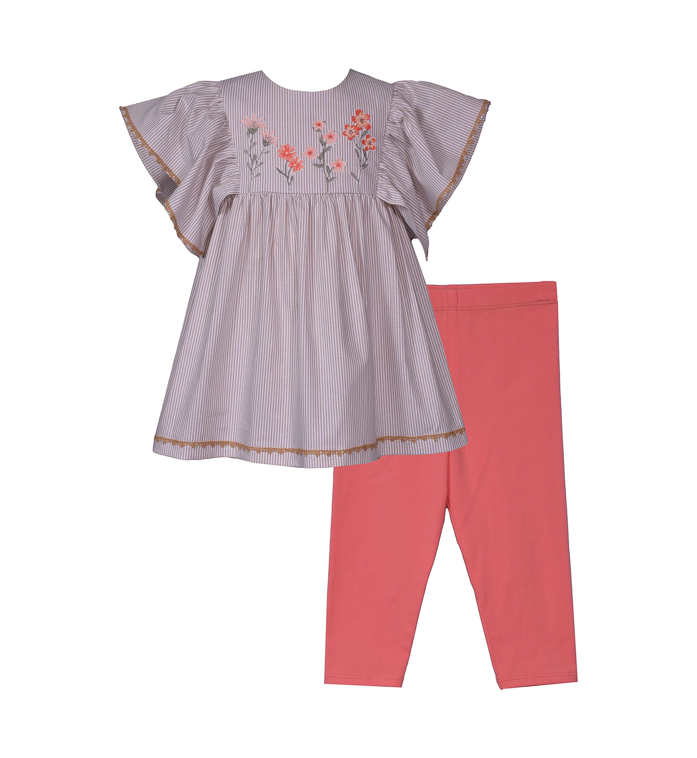 Girls 4-6x Coral Embroidered Flower Top and Leggings Set
