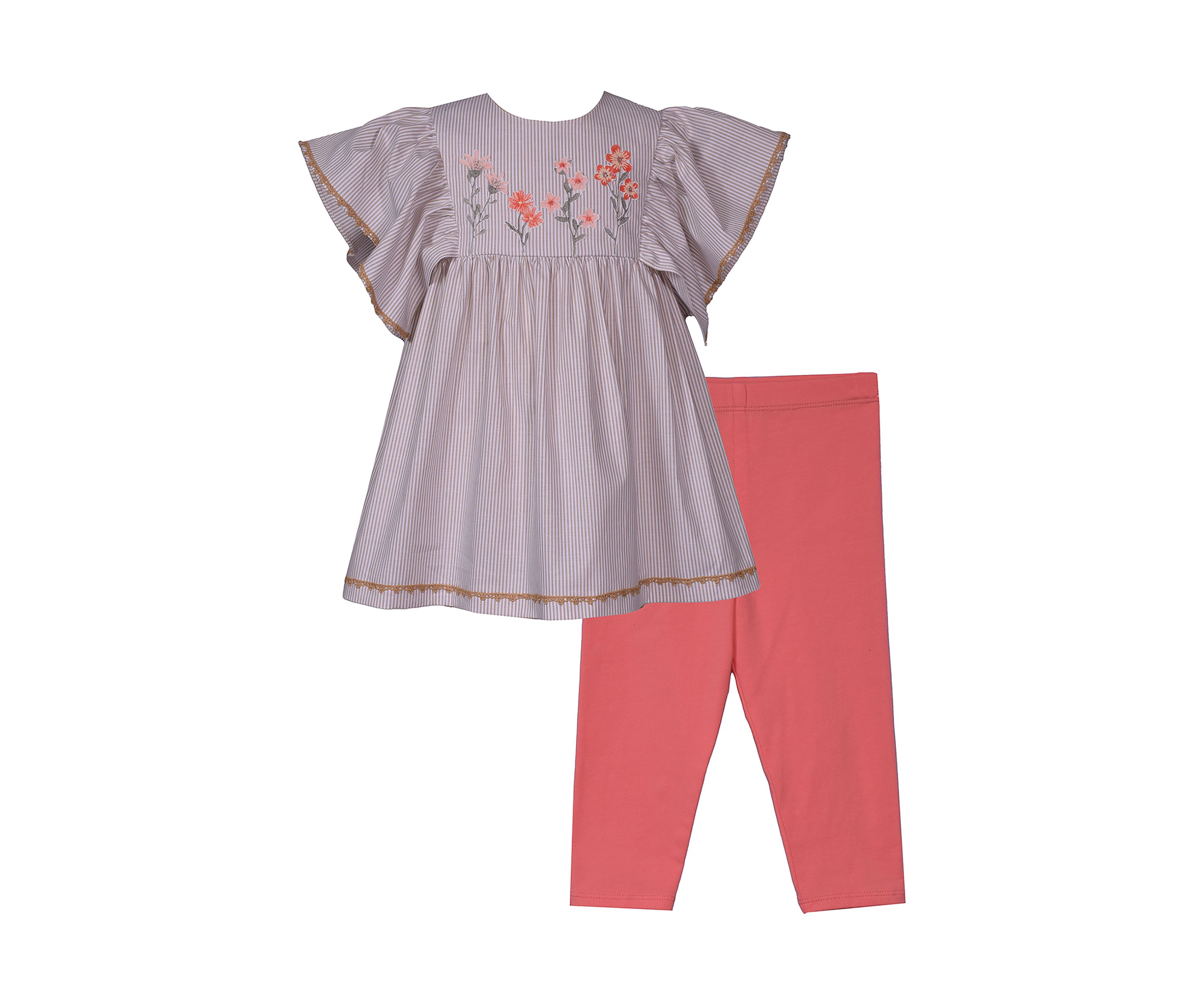 Girls 4-6x Coral Embroidered Flower Top and Leggings Set