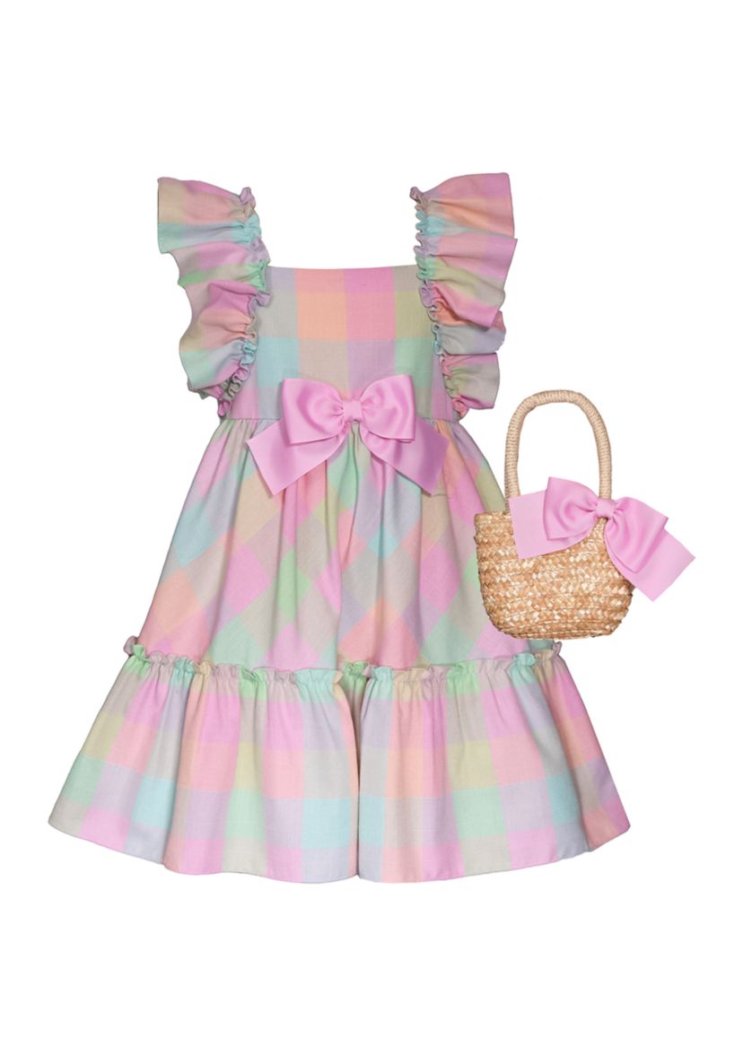 Girls 7-16 Plaid Float Dress with Straw Purse