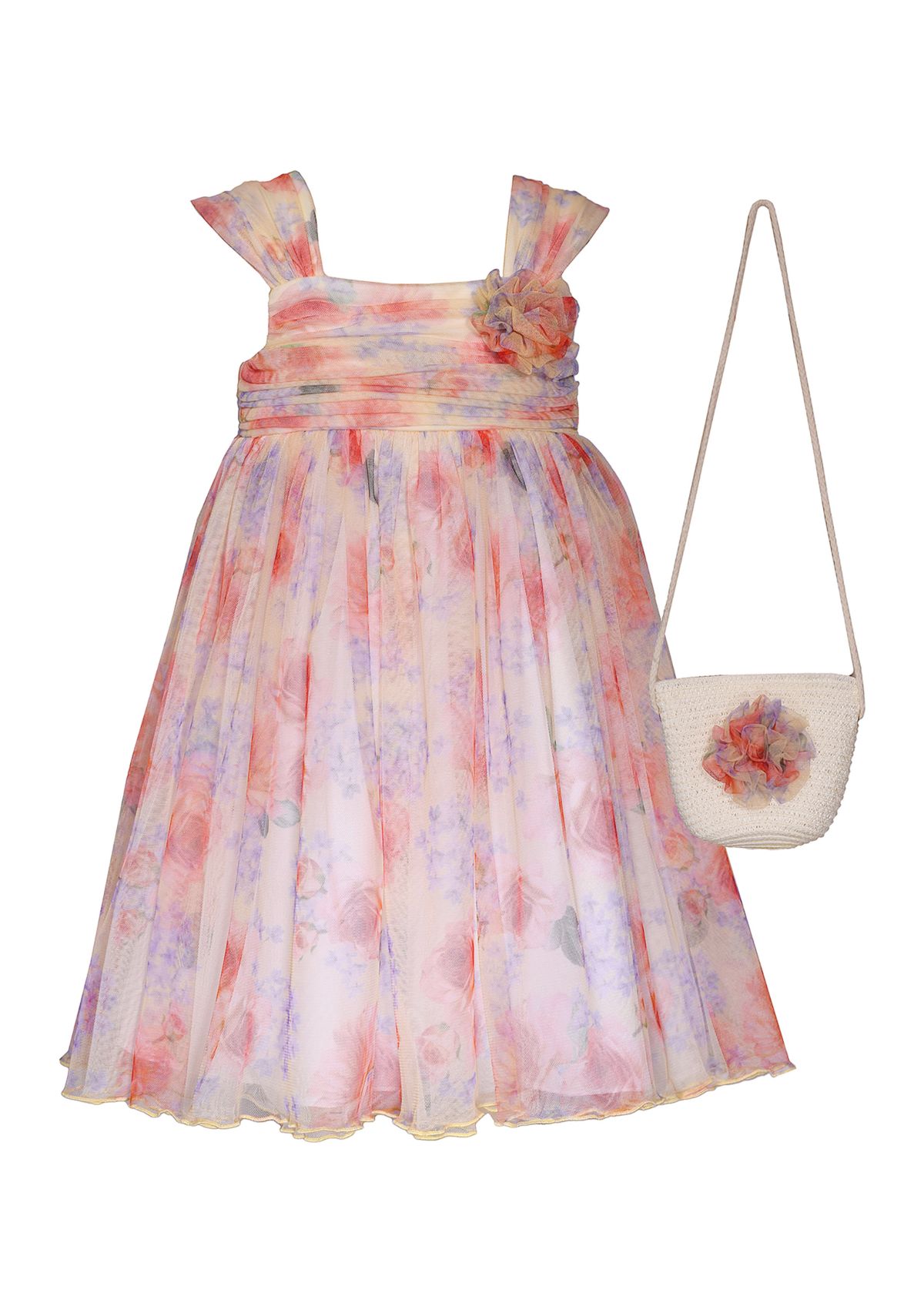 Girls 7-16 Floral Mesh Shirred Dress with Purse
