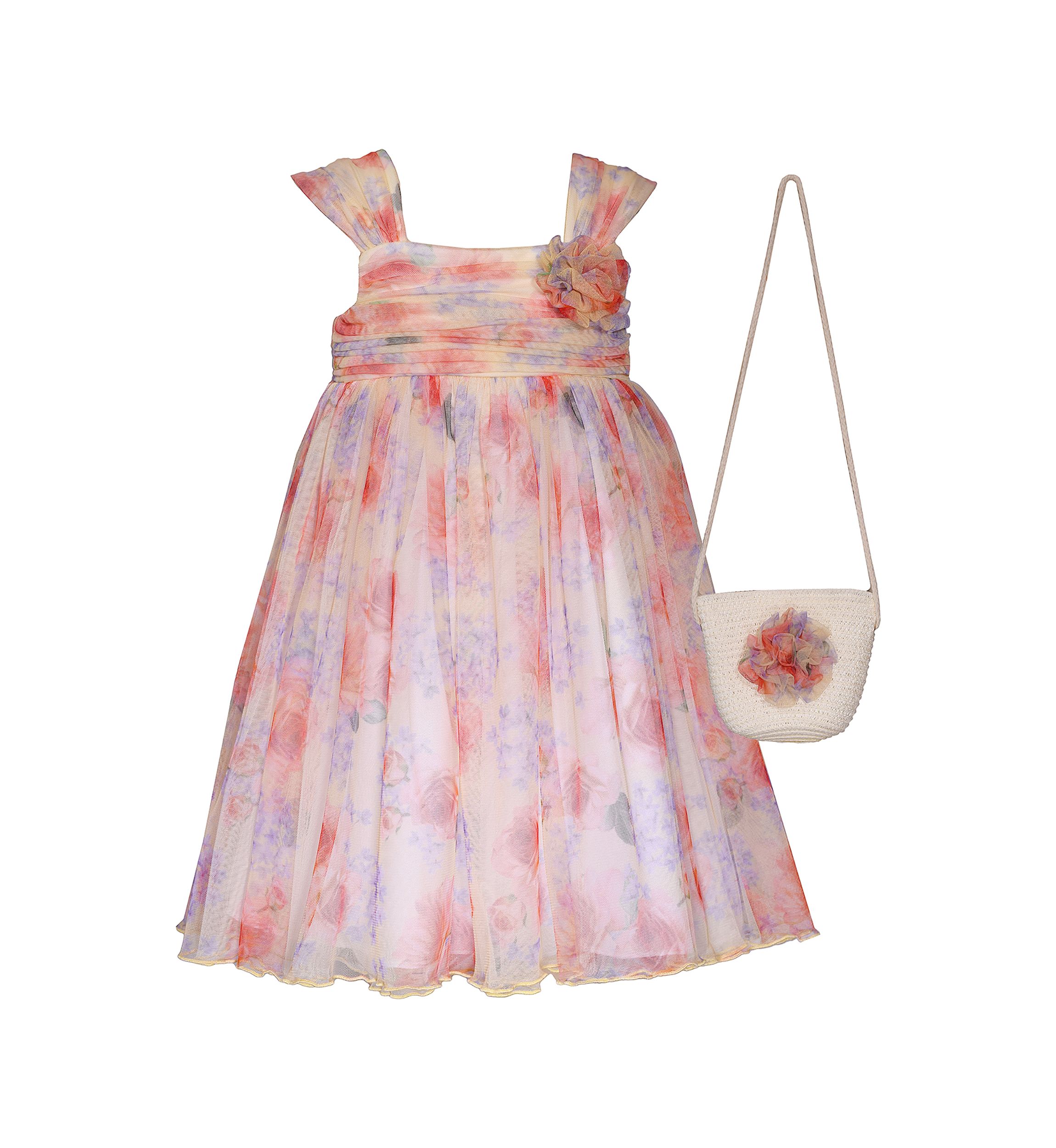 Girls 7-16 Floral Mesh Shirred Dress with Purse