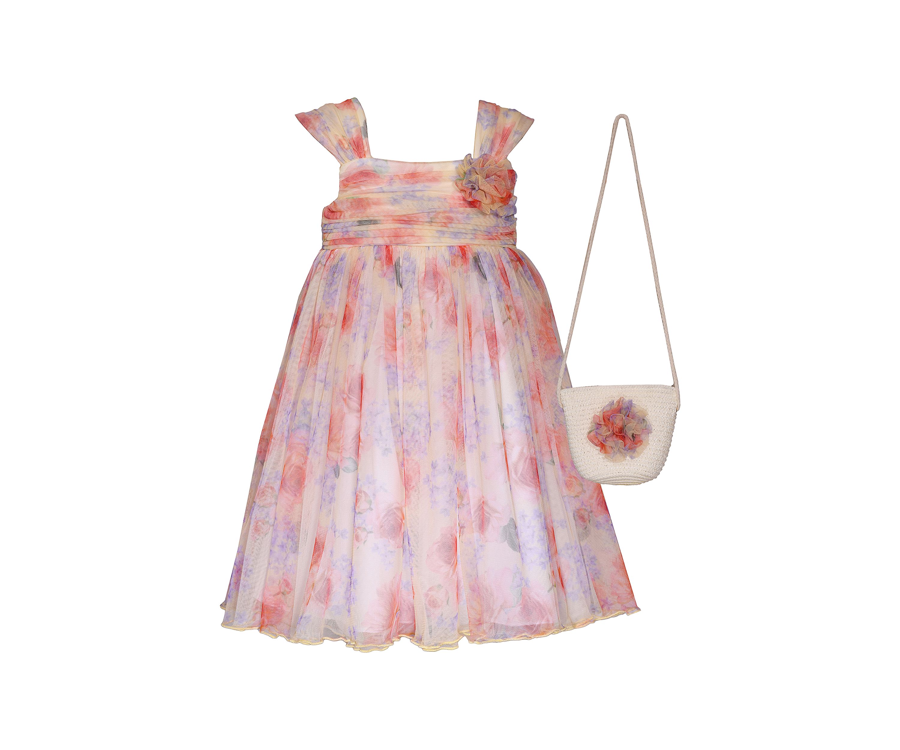 Girls 7-16 Floral Mesh Shirred Dress with Purse