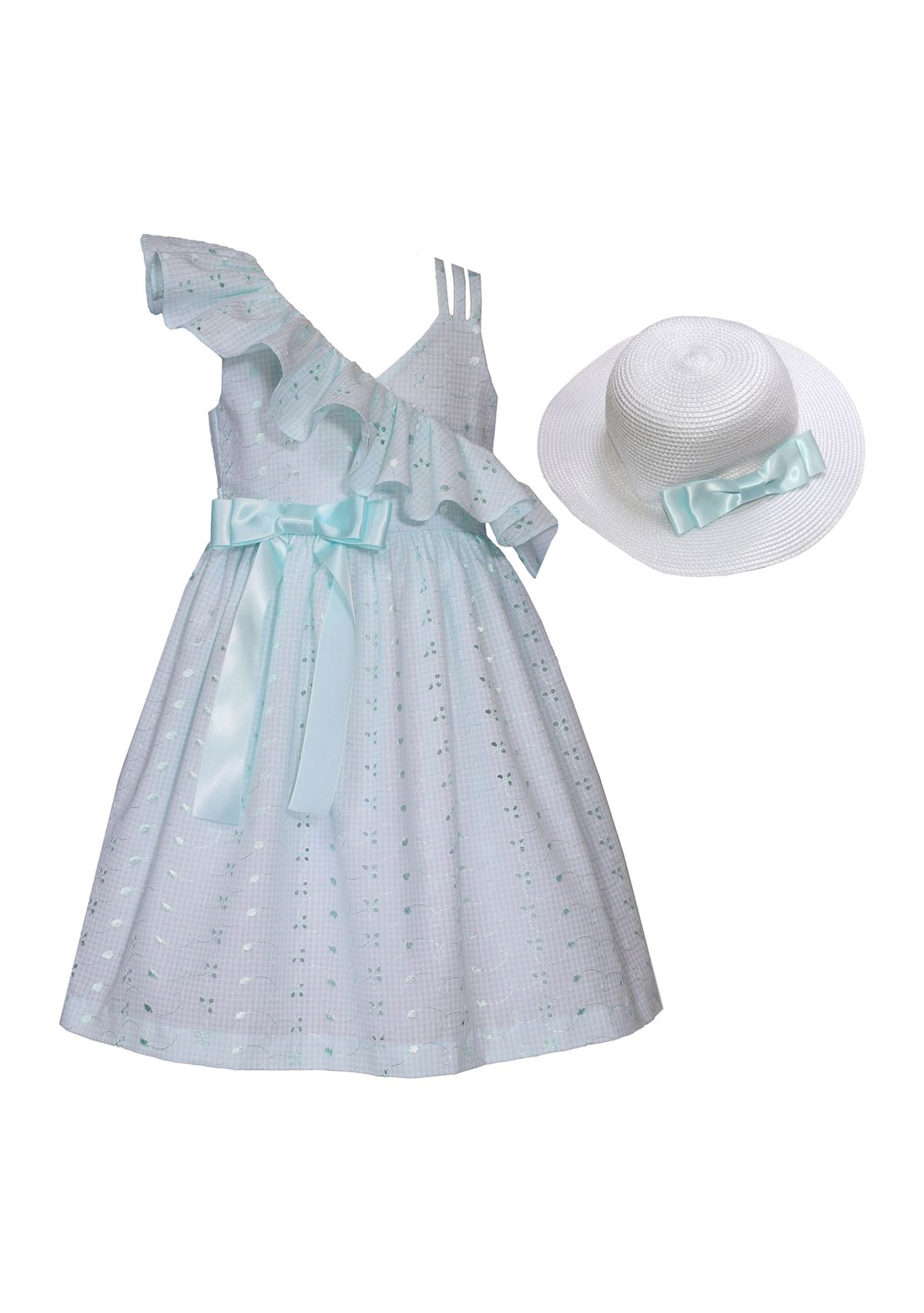 Girls 7-16 Asymmetrical Ruffle Eyelet Dress with Hat