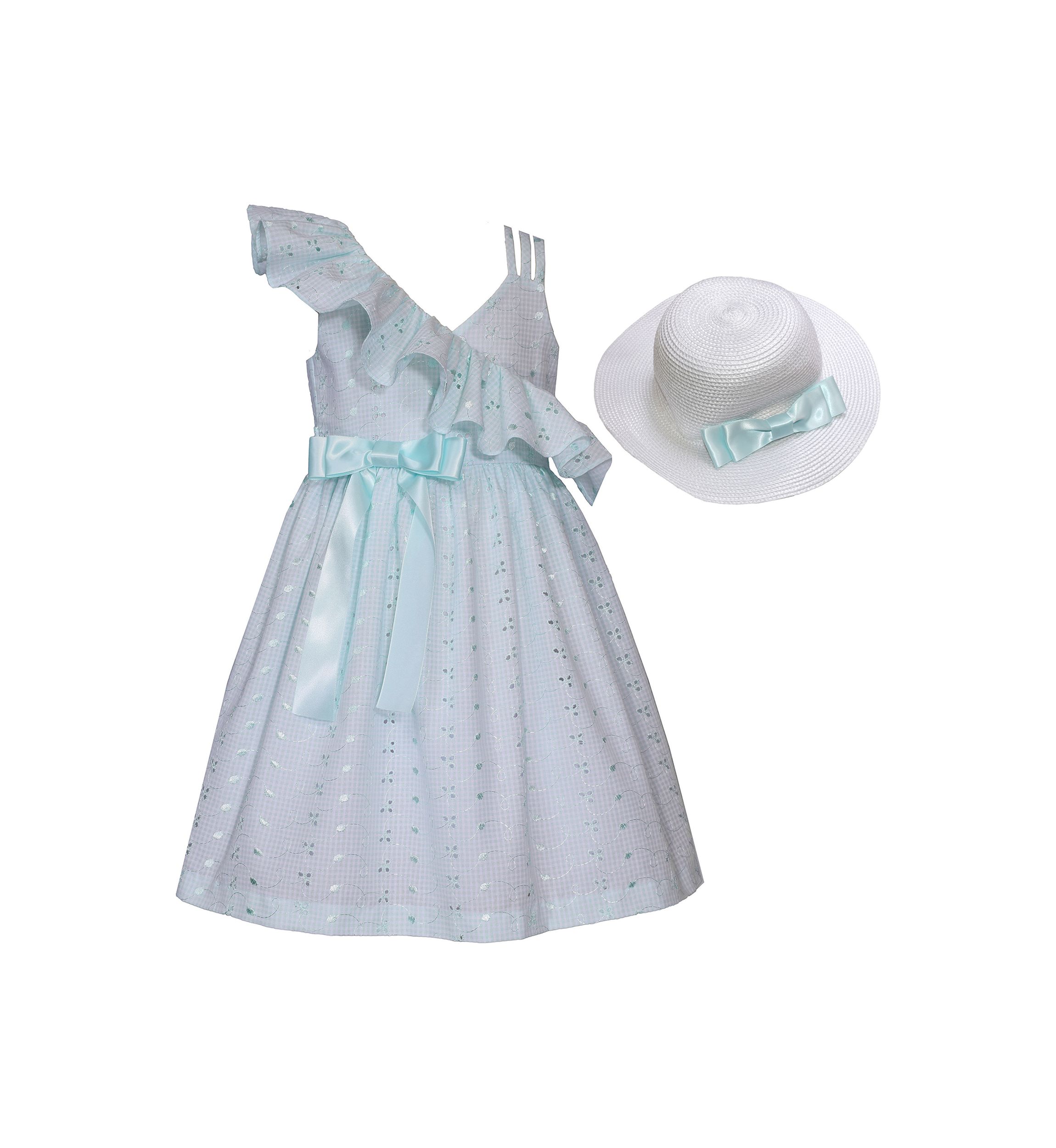 Girls 7-16 Asymmetrical Ruffle Eyelet Dress with Hat
