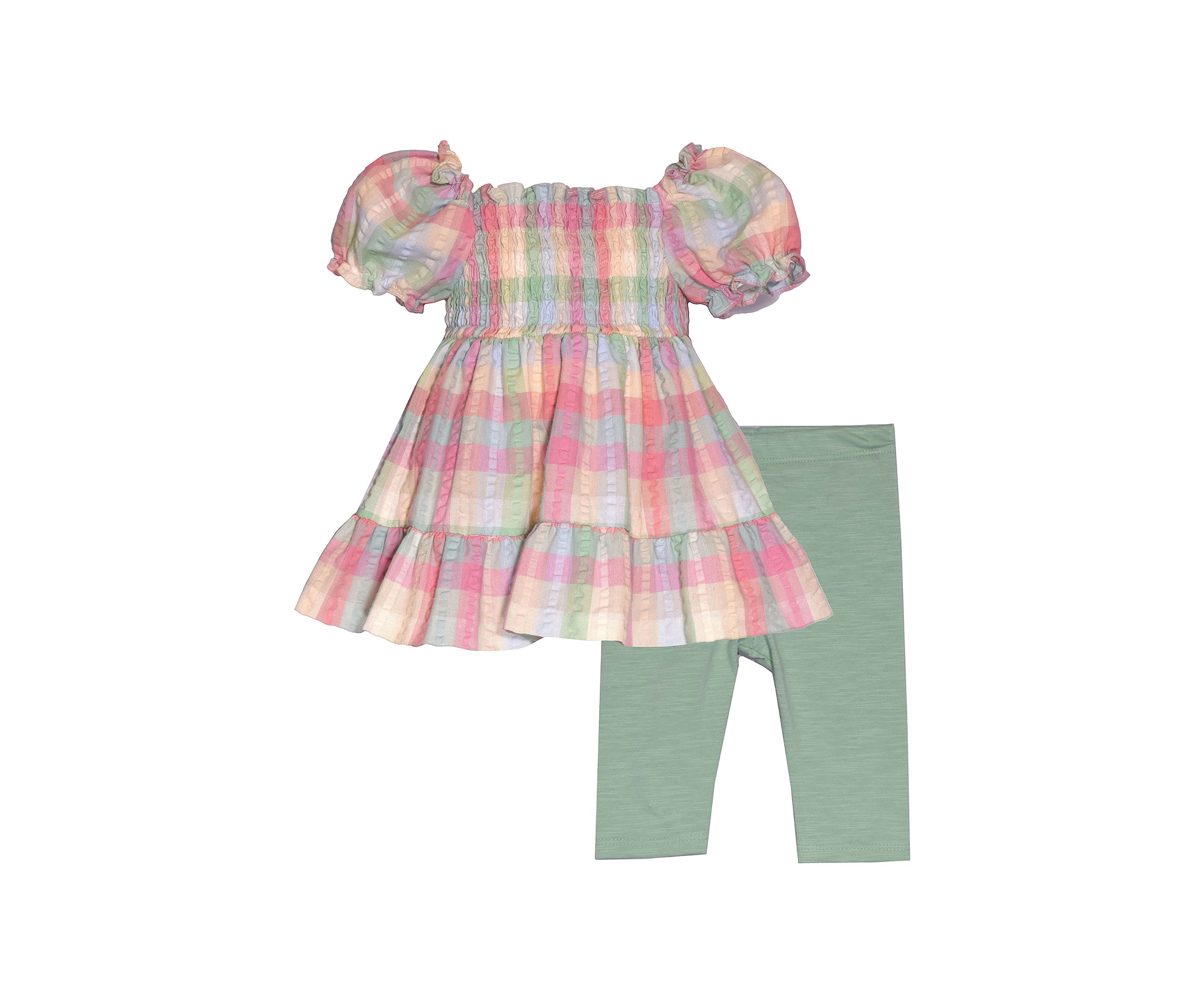 Girls 7-16 Seersucker Puff Sleeve Top and Solid Leggings Set