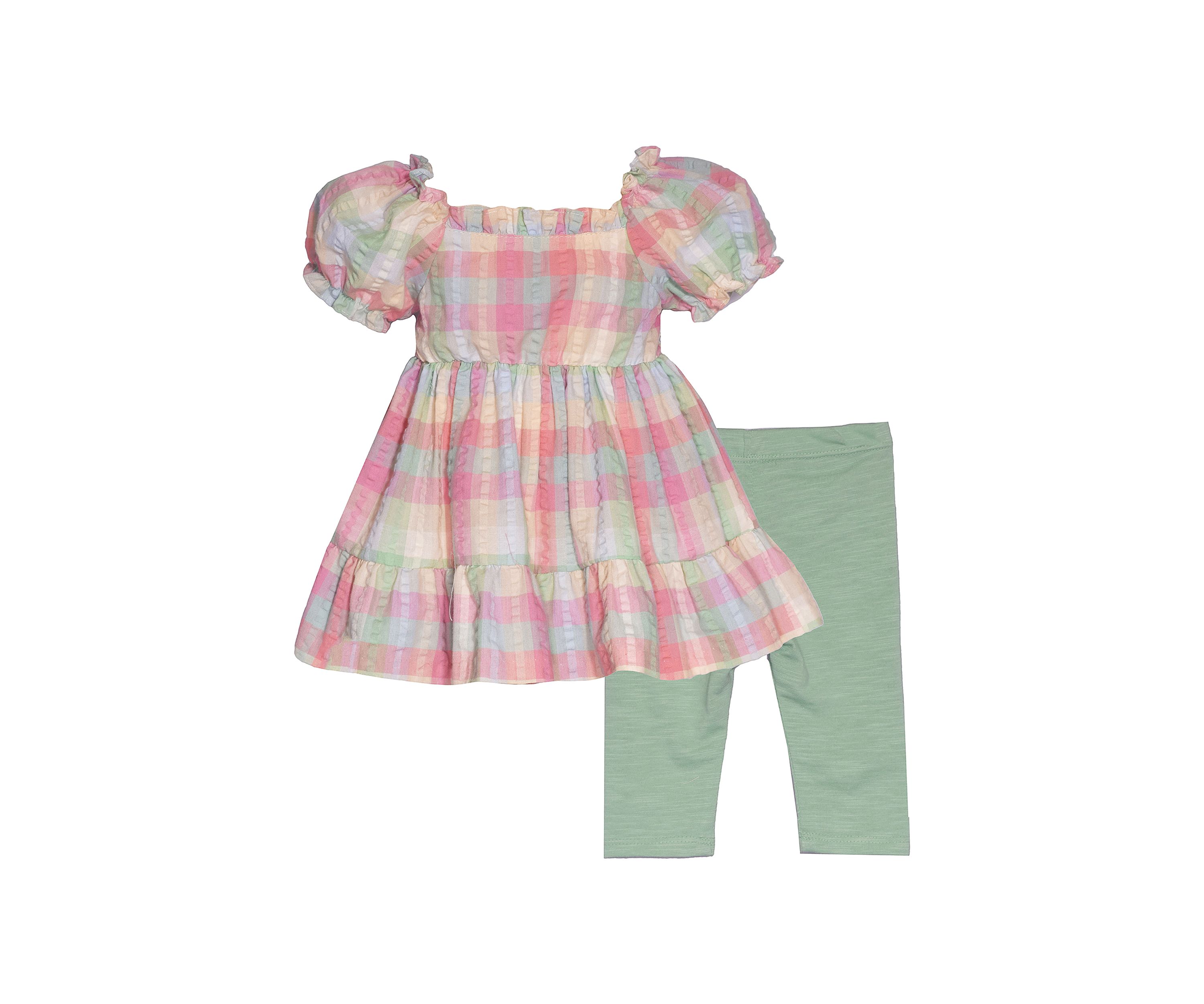 Girls 7-16 Seersucker Puff Sleeve Top and Solid Leggings Set