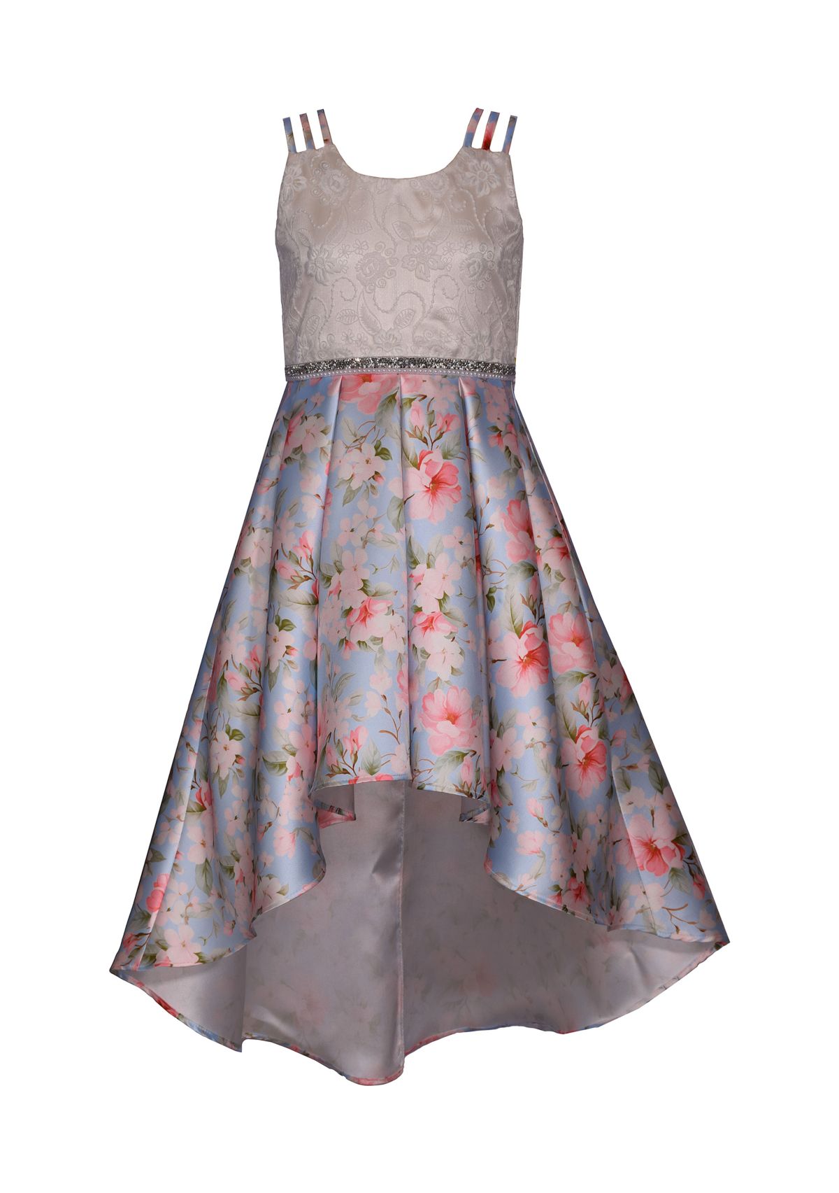 Girls 4-6x Triple Strap High Low Printed Mikado Dress